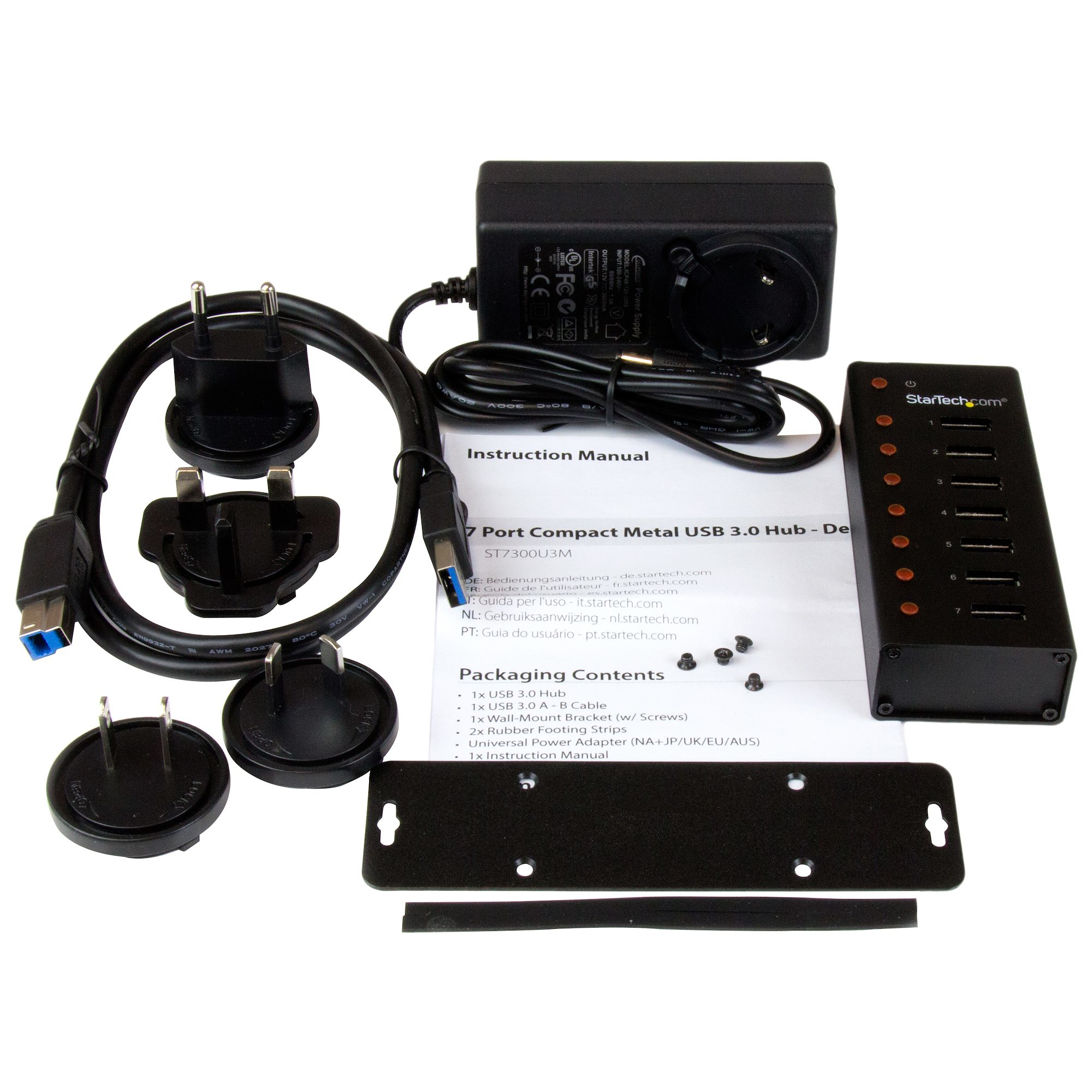 HUB USB StarTech.com ST7300U3M - 7 Puertos USB 3.0 - Caja Metálica - Sobremesa/Montaje en Pared - Negro - ST7300U3M
