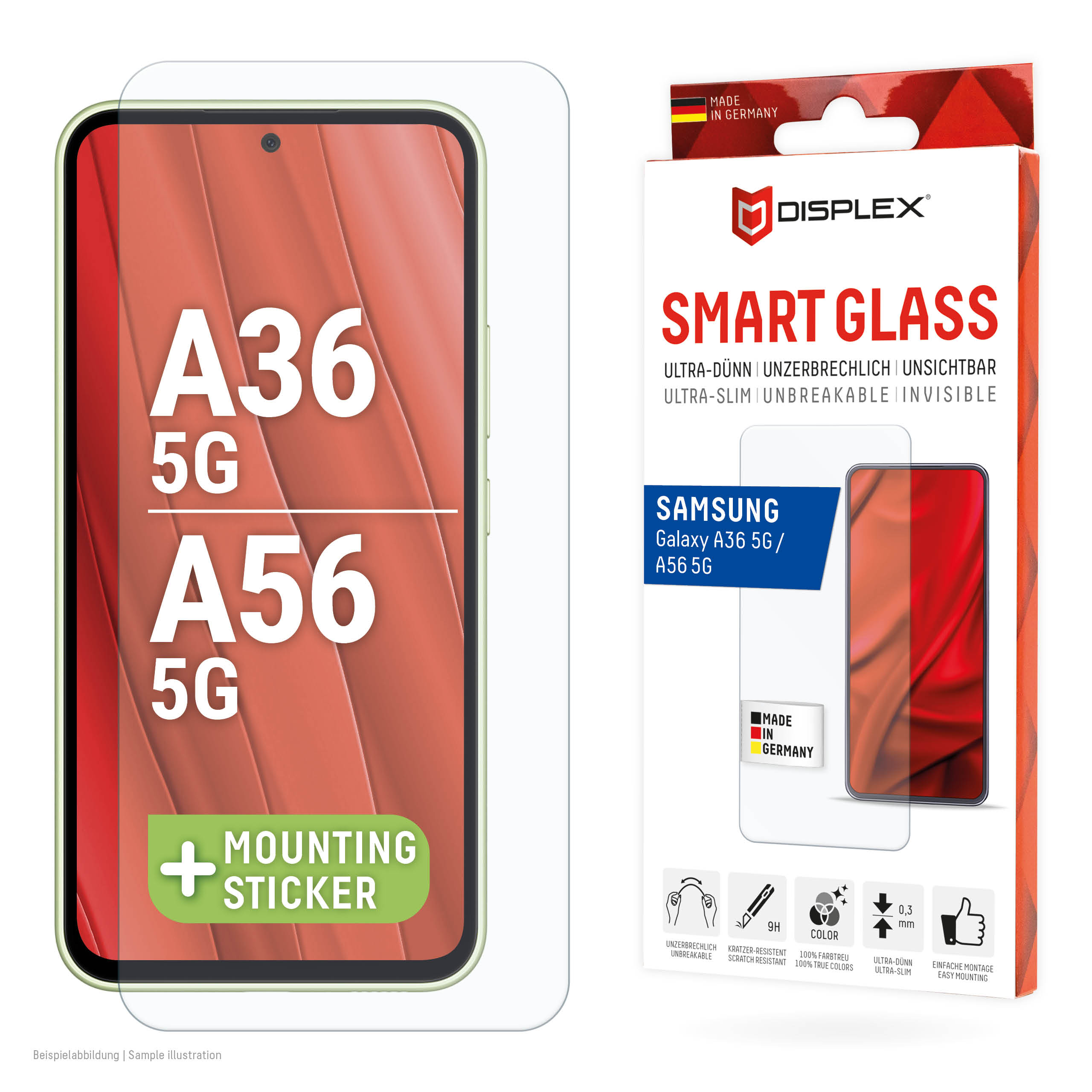 Displex Smart Glass (9H) for Samsung Galaxy A36/A56, Mounting Sticker, unbreakable