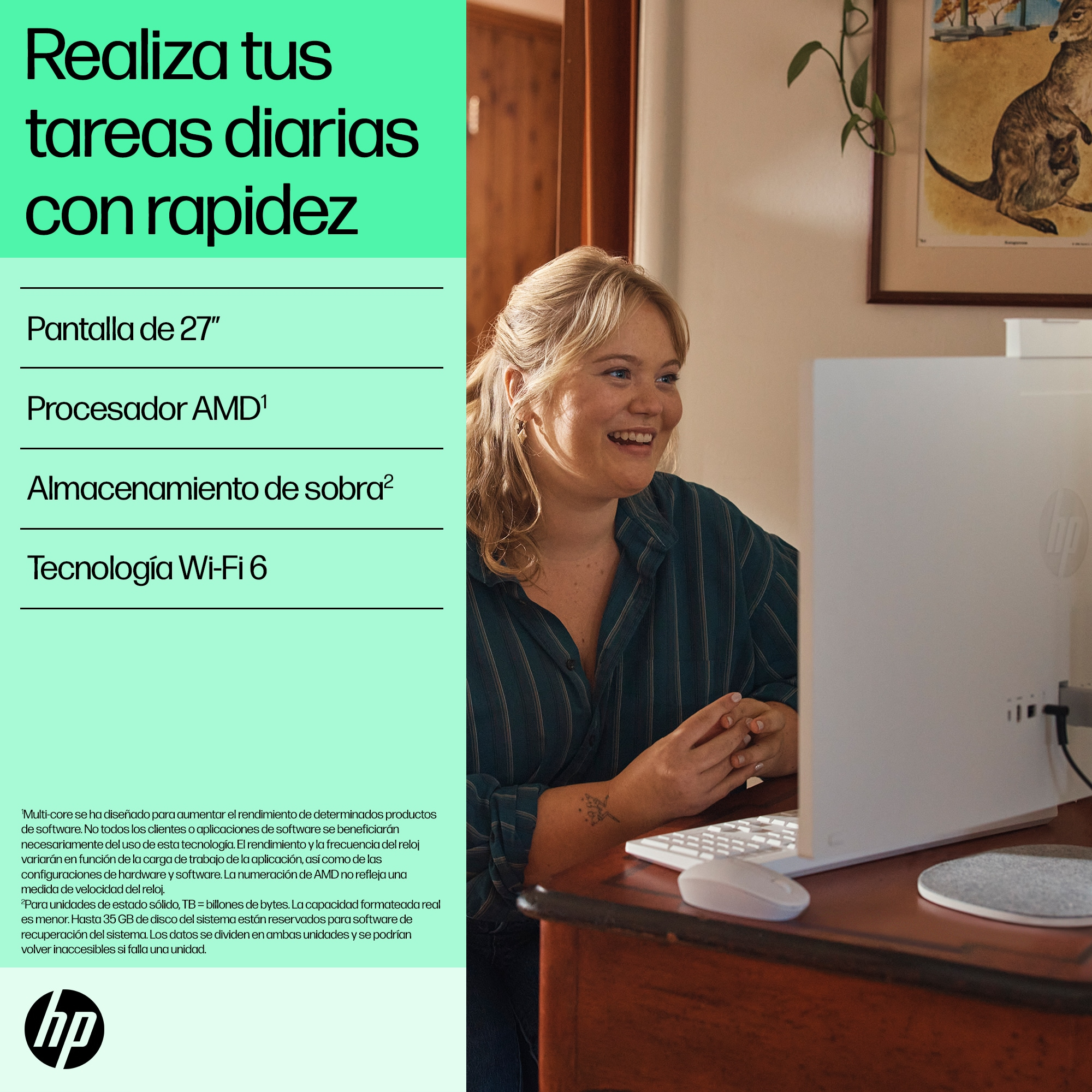 All in one - HP 27-cr0005ns, 27" Full HD, AMD Ryzen™ 5 7520U, 16GB RAM, 1TB SSD, Gráficos Radeon™, Sin sistema operativo, Blanco - imagen 7