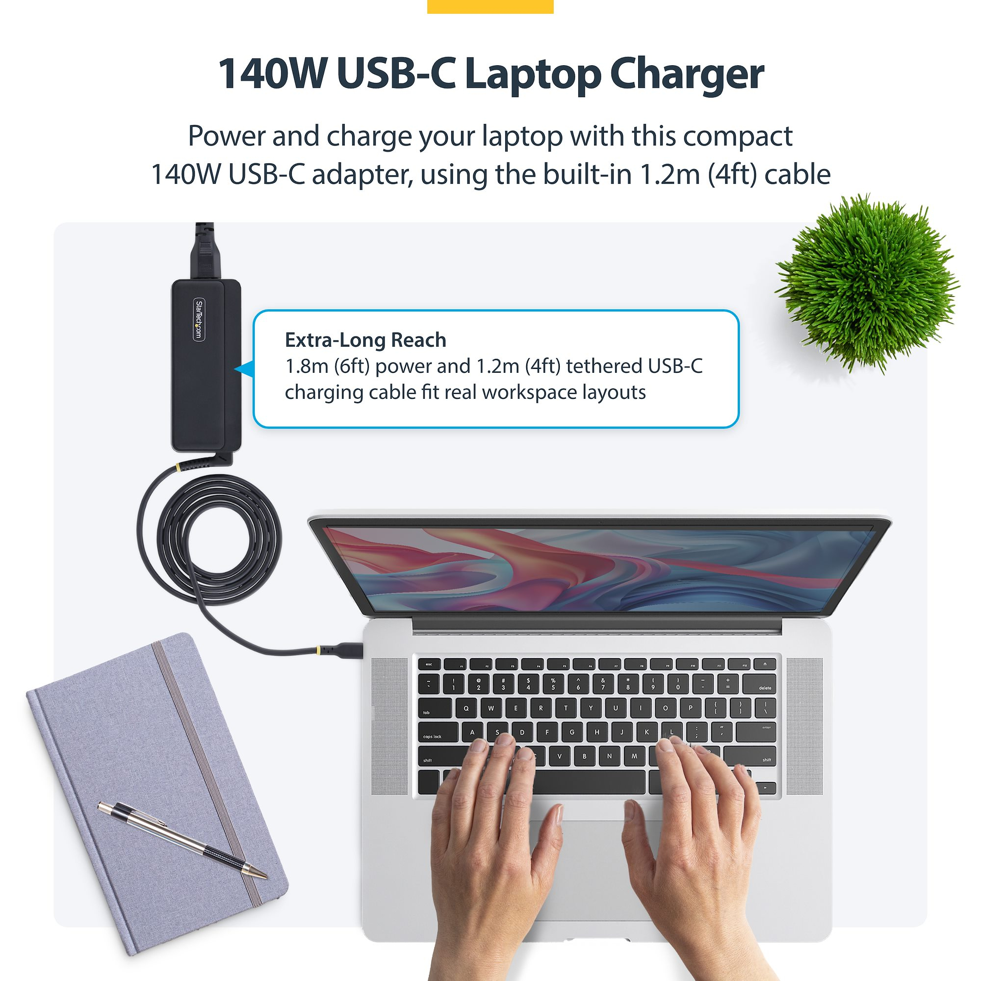 StarTech.com 140W USB-C Laptop Charger with 4ft (1.2m) Tethered USB-C Cable, GaN Power Adapter Brick for MacBook M3/M4/M5 Pro/Max, Dell Pro/Plus/Premium – image 6