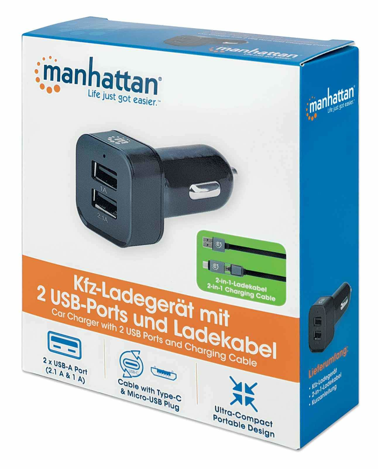 Manhattan Car/Auto Mobile Device Charger, 2x USB-A Outputs, Includes 2-in-1 Charging Cable (for Micro-USB & USB-C outputs), Charging 2.1A (fast charging), Surge – image 6