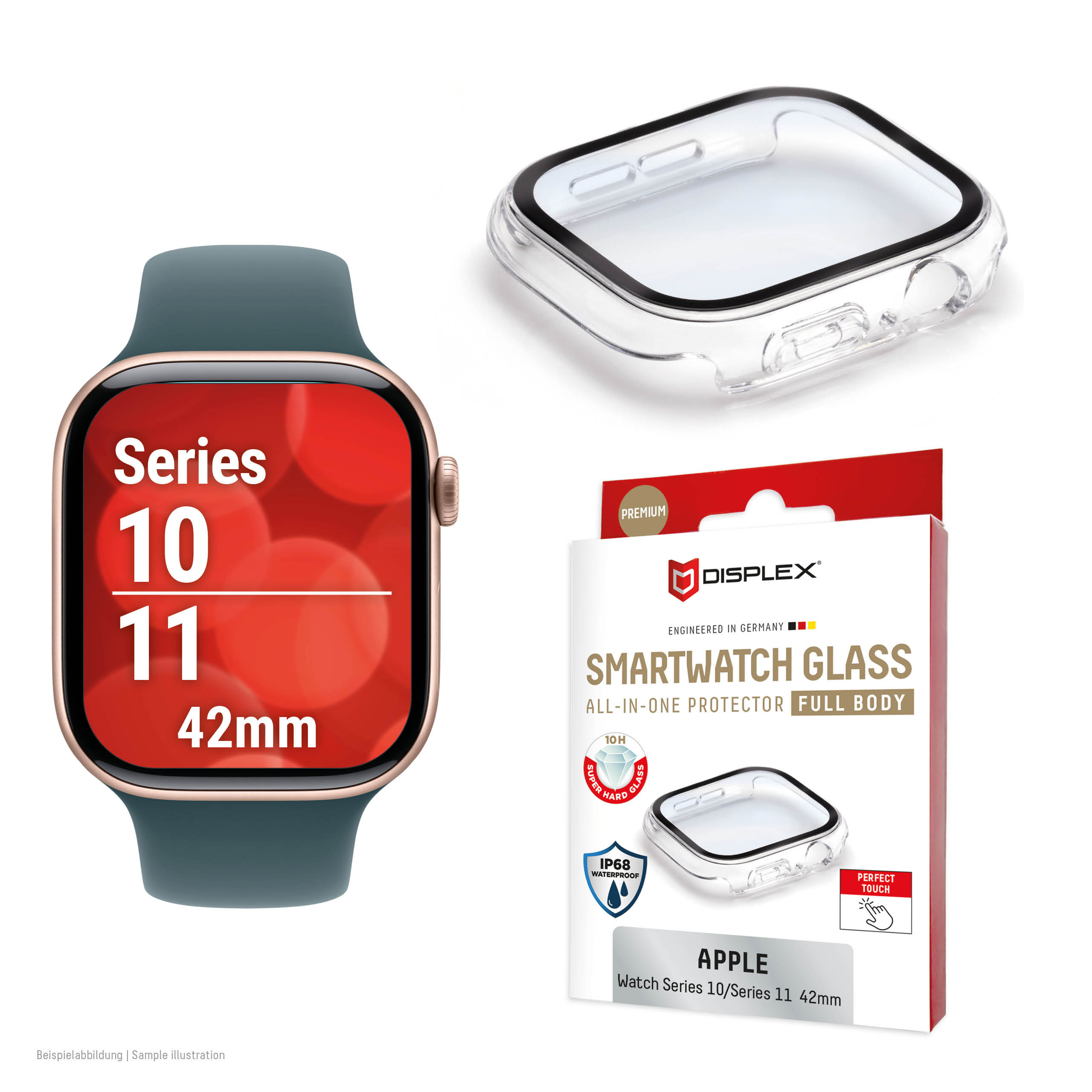Displex 10H Tempered Glass for Apple Watch 11/10 (42mm), Full Body Case, IP68, Snap-On, transparent