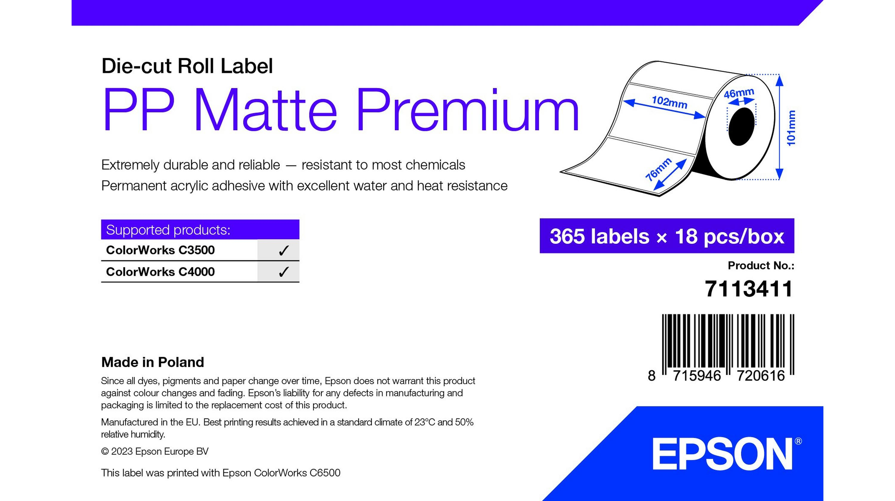 Epson PP Matte Label Premium, Die-cut Roll, 102mm x 76mm, 365 Labels