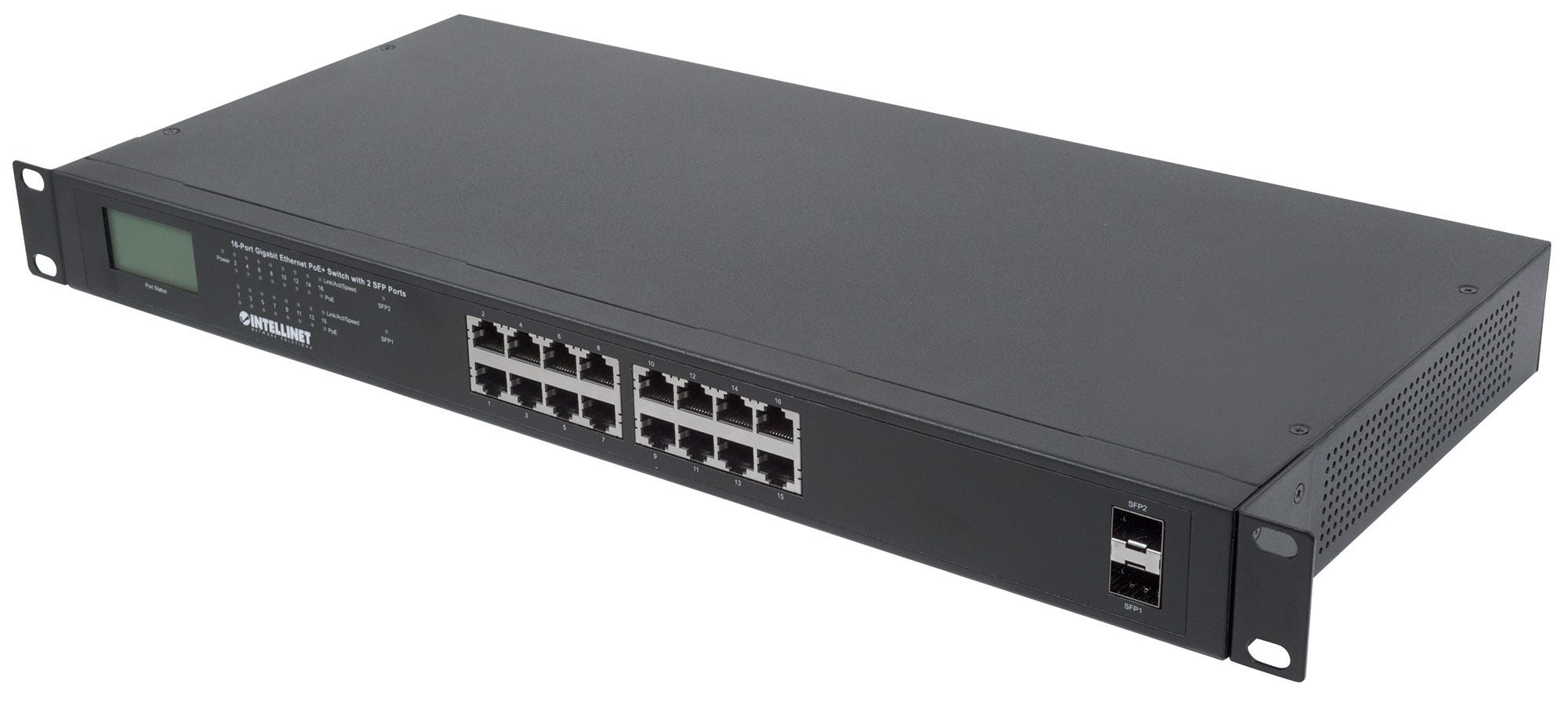 INTELLINET Switch 16-Port Gigabit PoE+ LCD-Anzeige 19 2xSFP