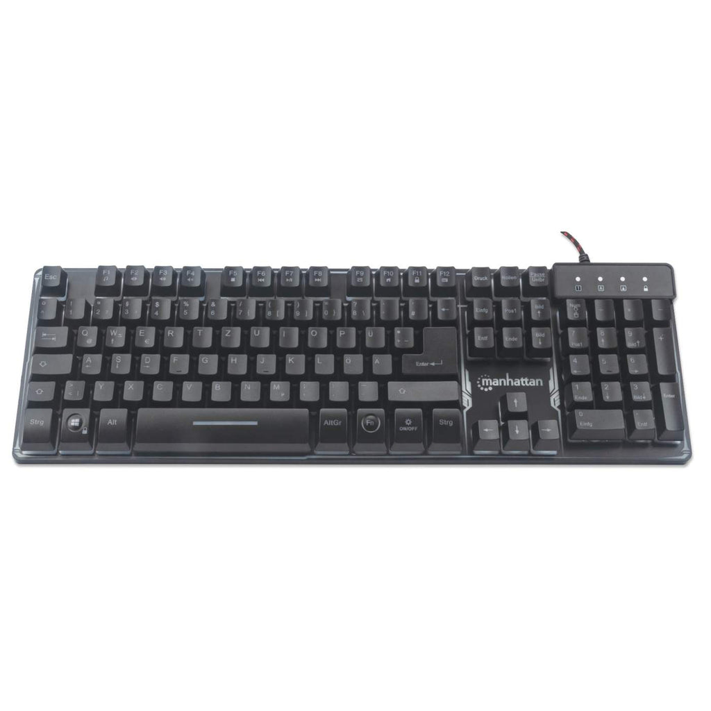 Manhattan Gaming USB Keyboard, Metal Base Edition, 12 Function Keys, Rainbow-LED Backlighting, 19 Anti-Ghost Key Caps, IPX4 (Splashproof) Rating, USB-A, Black, – image 3
