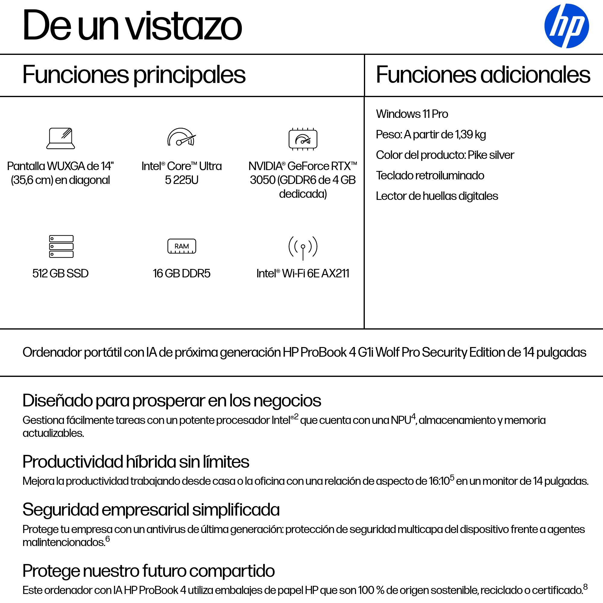 Portátil - HP ProBook 4 G1i AI Profesional, 14" WUXGA, Intel® Core™ Ultra 5 225U, 16 GB RAM, UHD Graphics, Windows 11 Pro, Pike Silver - imagen 4