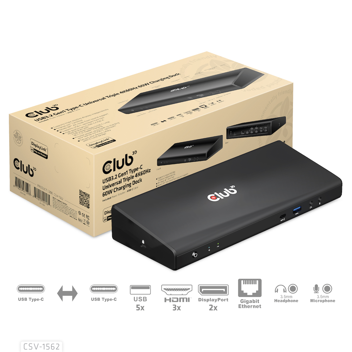 CLUB3D The CSV-1562 is an USB3.2 Gen1 Type-C Universal Triple 4K30Hz Charging Docking Station and is DisplayLink® Certified. The Universal Charging Dock – image 6