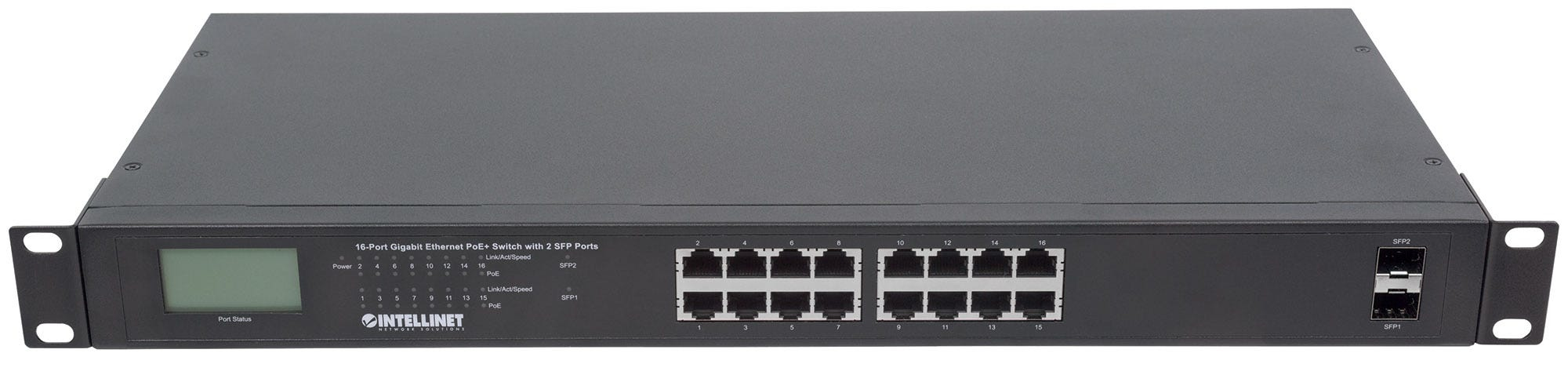 Intellinet 16-Port Gigabit Ethernet PoE+ Switch with 2 SFP Ports, LCD Display, IEEE 802.3at/af Power over Ethernet (PoE+/PoE) Compliant – image 3