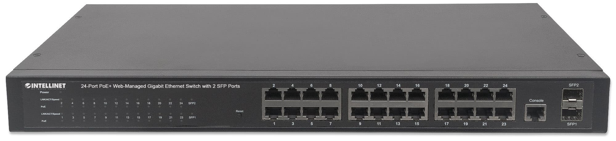 Intellinet 24-Port Gigabit Ethernet PoE+ Web-Managed Switch with 2 SFP Ports, 24 x PoE ports, IEEE 802.3at/af Power over Ethernet (PoE+/PoE), 2 x SFP, Endspan, – image 3