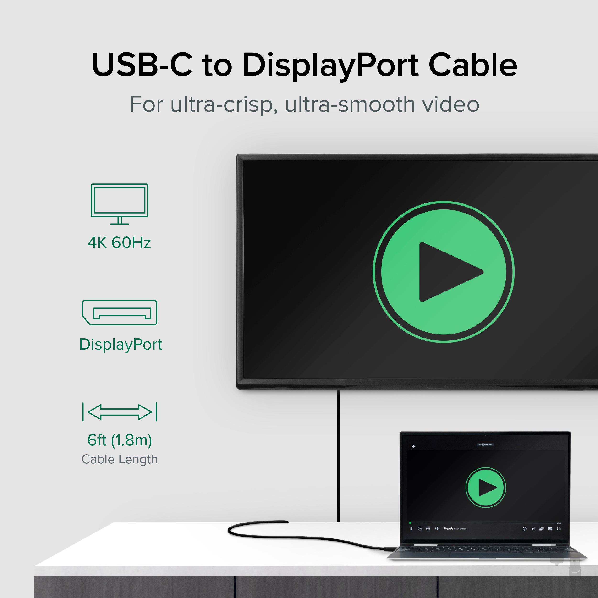 Resim Plugable Technologies USBC-DP USB-C - DisplayPort 1.2 Kablo Adaptörü, 1,8 m, 4K@60Hz, Siyah