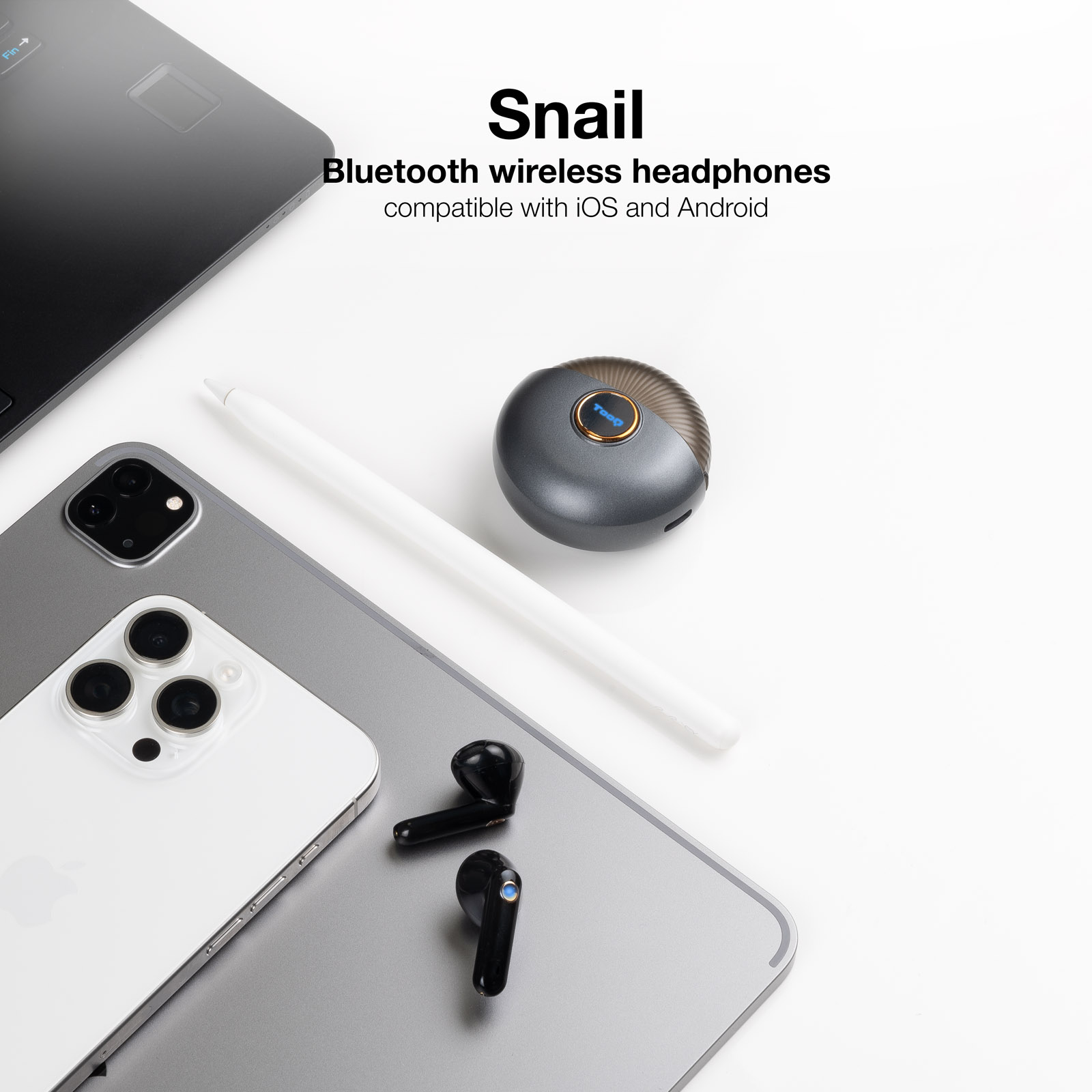 TooQ Snail Wireless Earbuds + Bluetooth Microphone with Charging Case, Gray/Black image 2