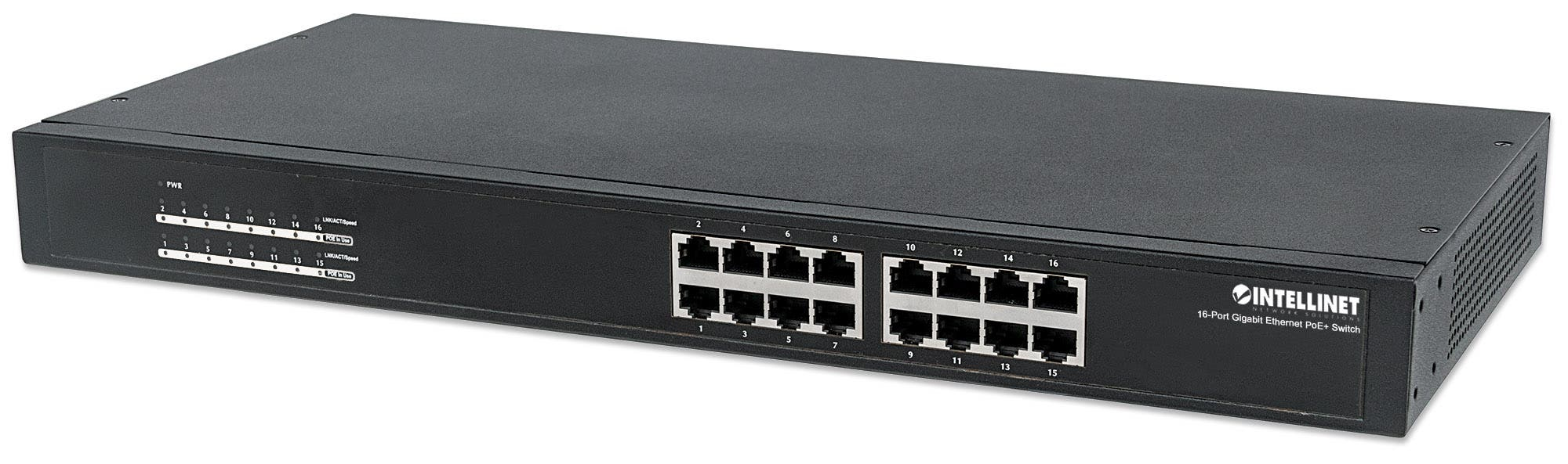 Intellinet 16-Port Gigabit Ethernet PoE+ Switch, 16 x PoE ports, IEEE 802.3at/af Power-over-Ethernet (PoE+/PoE), Endspan, Rackmount (UK Power Cord) – image 1