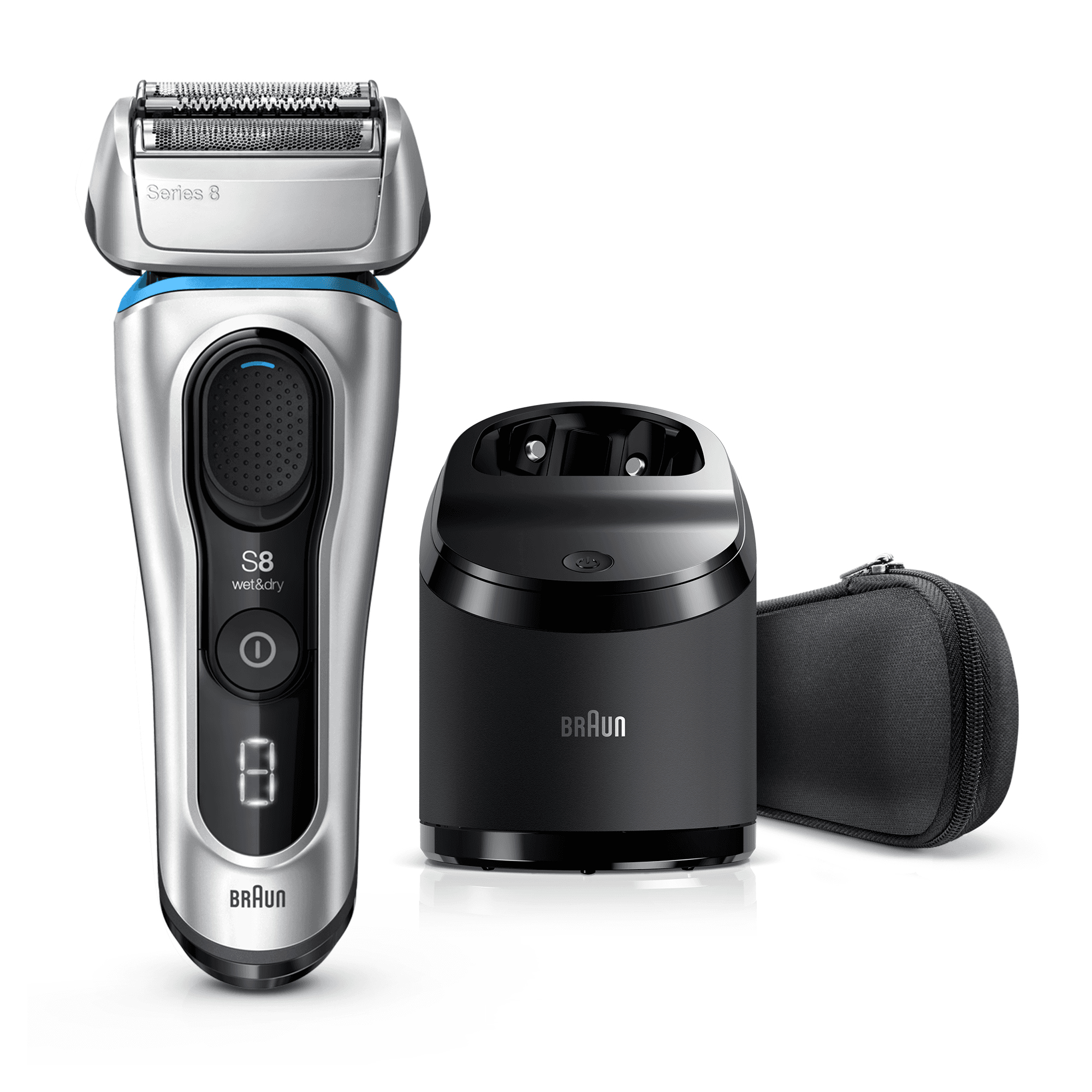 Braun Series 8 8370cc Next Generation Electric Shaver, Clean&Charge Station, Fabric Case, Silver
