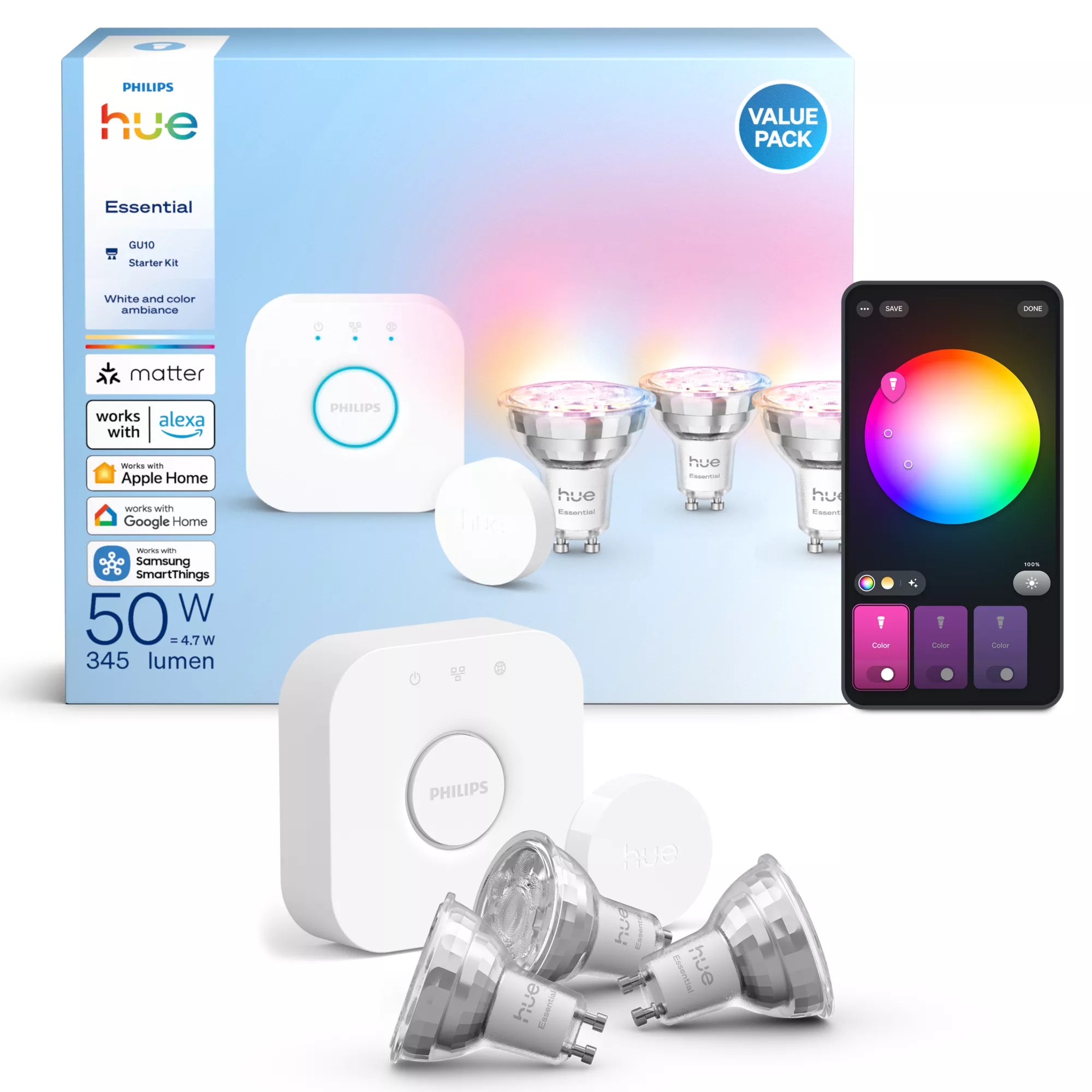 Philips by Signify Philips Hue White and colour ambience Essential starter kit: 3 GU10 smart bulbs (345 lm) + smart button – image 3