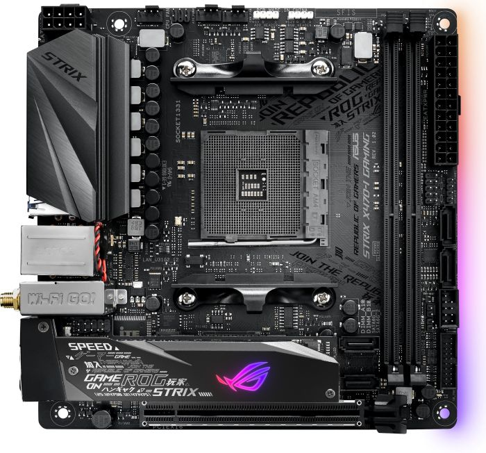 AMD X470 ITX GAMING MOTHERBOARD WITH M.2 HEATSINK, AURA SYNC RGB LED LIGHTING, D