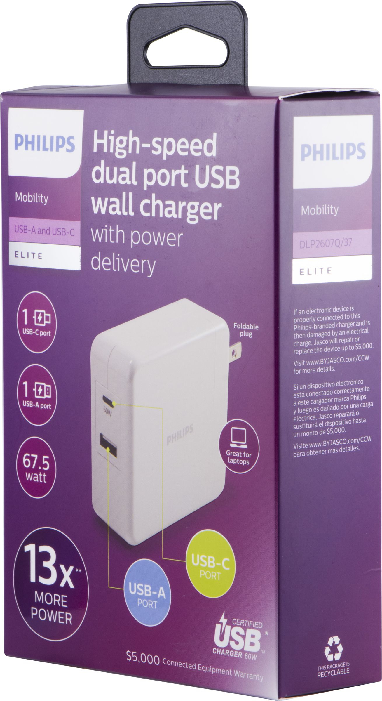 صورة شاحن Philips DLP2607Q/37 داخلي يعمل بتيار متردد، أبيض، 1x USB 2.0، 1x USB Type-C