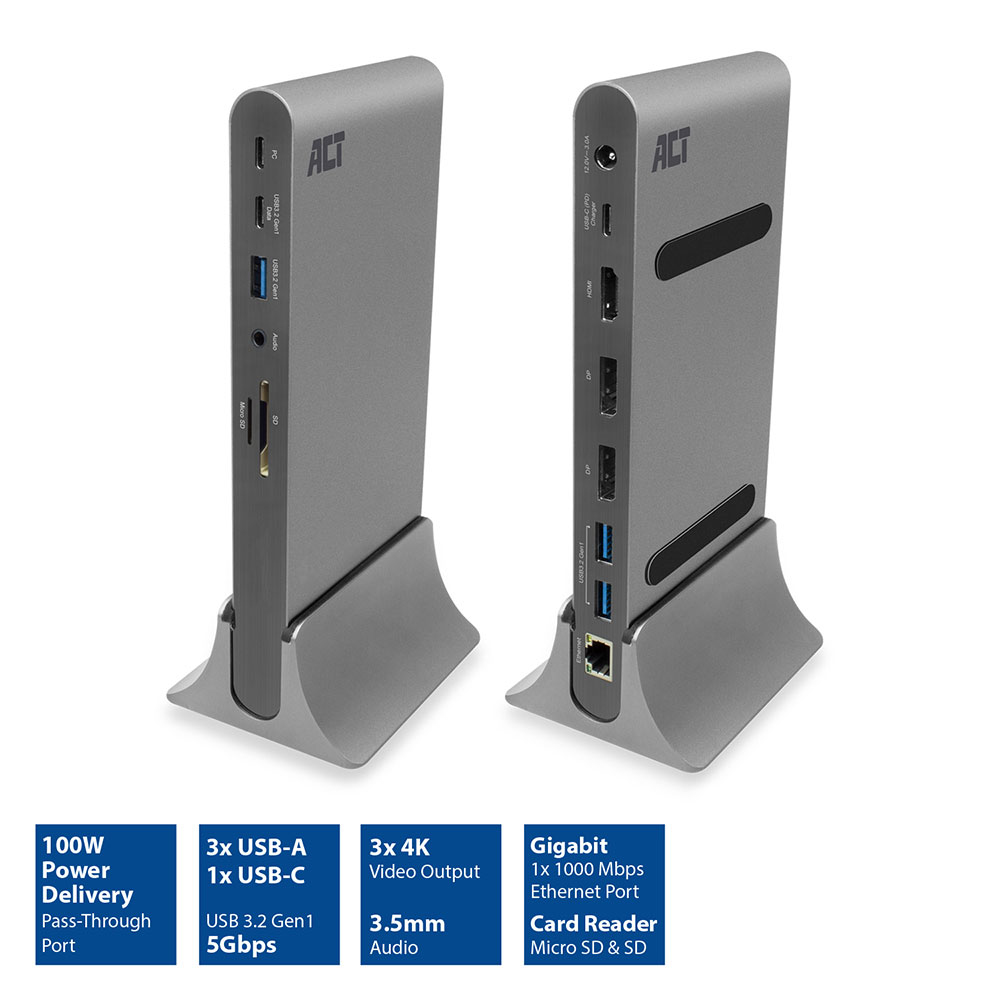 ACT AC7046 USB-C Docking Station 3 monitors HDMI, DisplayPort, with ethernet, USB hub, card reader and audio – image 2