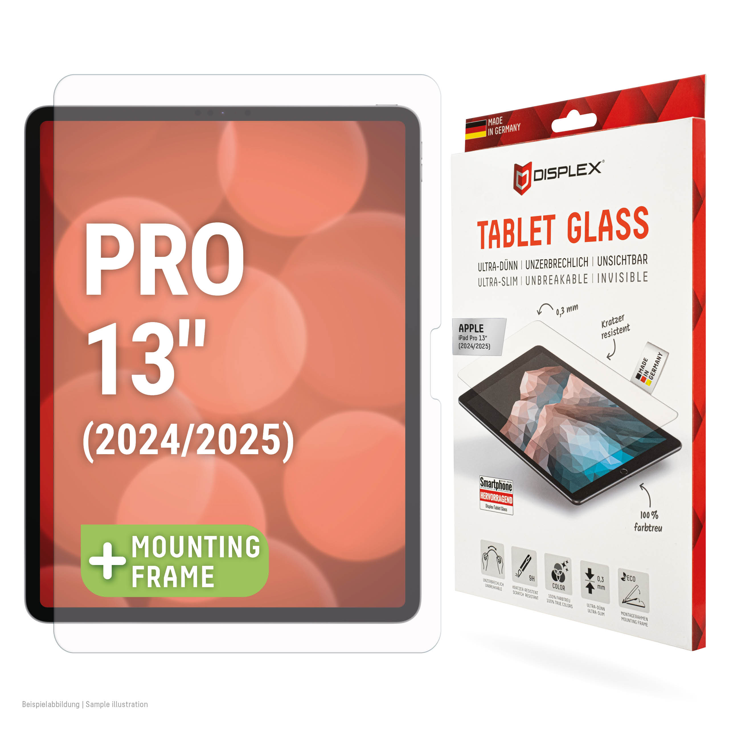 Displex Tablet Glass (9H) for Apple iPad Pro 13'' (2025/2024), Eco Mounting Frame, unbreakable, ultra-slim, invisible