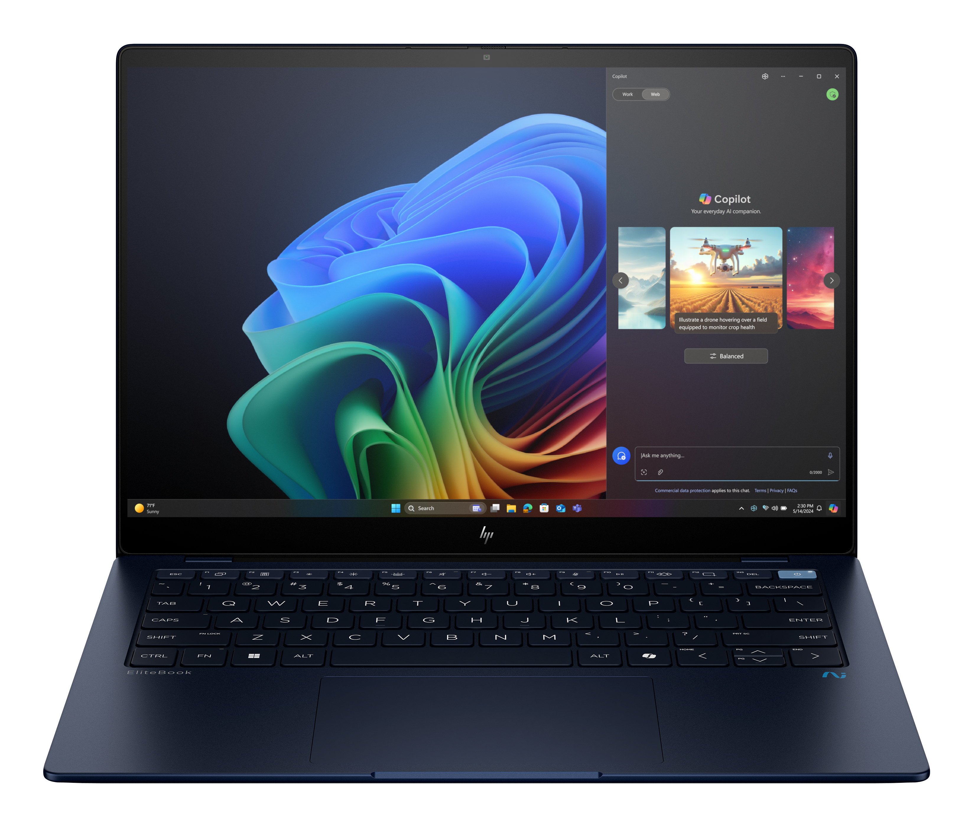 HP EliteBook Ultra 14 G1q Notebook AI - Copilot+ PC - Snapdragon X Elite - X1E-78-100 / up to 3.4 GHz - Win 11 Pro - Qualcomm Adreno - 16 GB RAM - 512 GB SSD NVMe, TLC - 14" IPS touchscreen 2240 x 1400 (2.2K) - Wi-Fi 6E, Bluetooth - atmospheric blue aluminium - kbd: UK