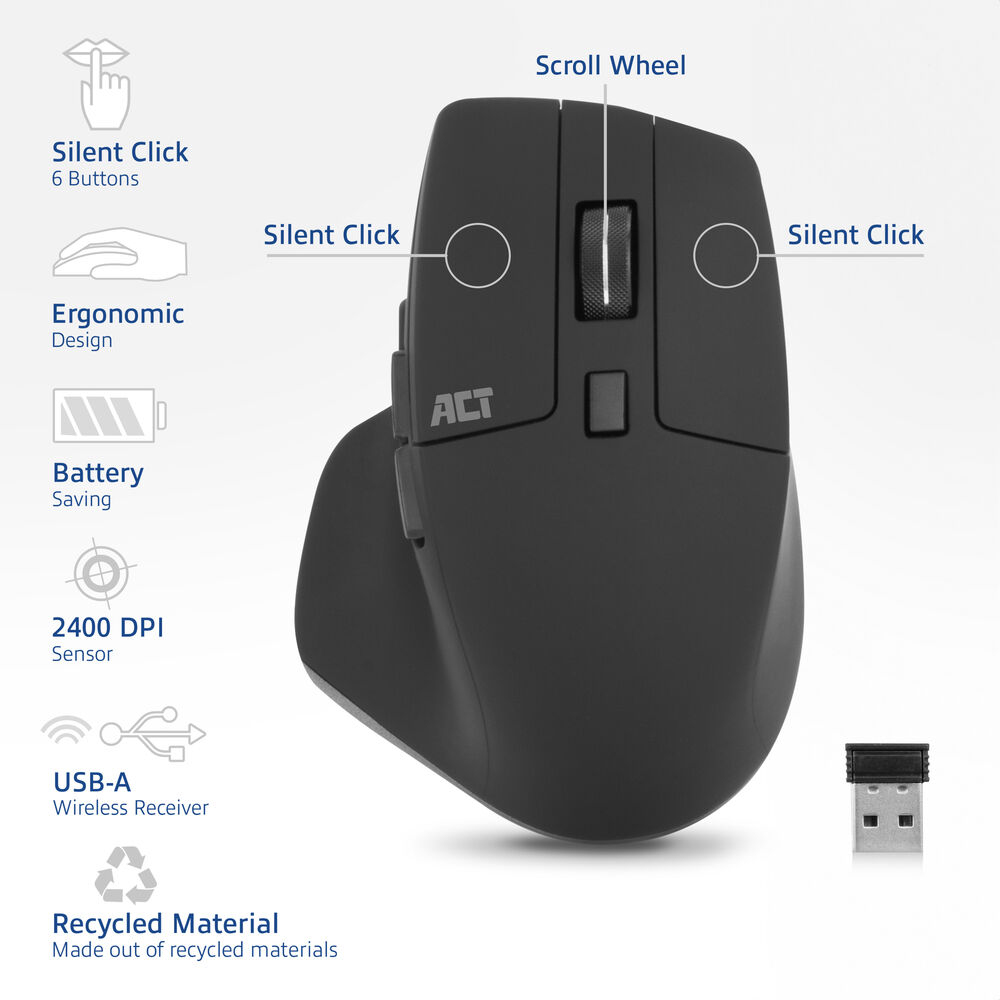 ACT Wireless mouse 2400 DPI with silent click, eco-friendly, made from recycled materials – image 3