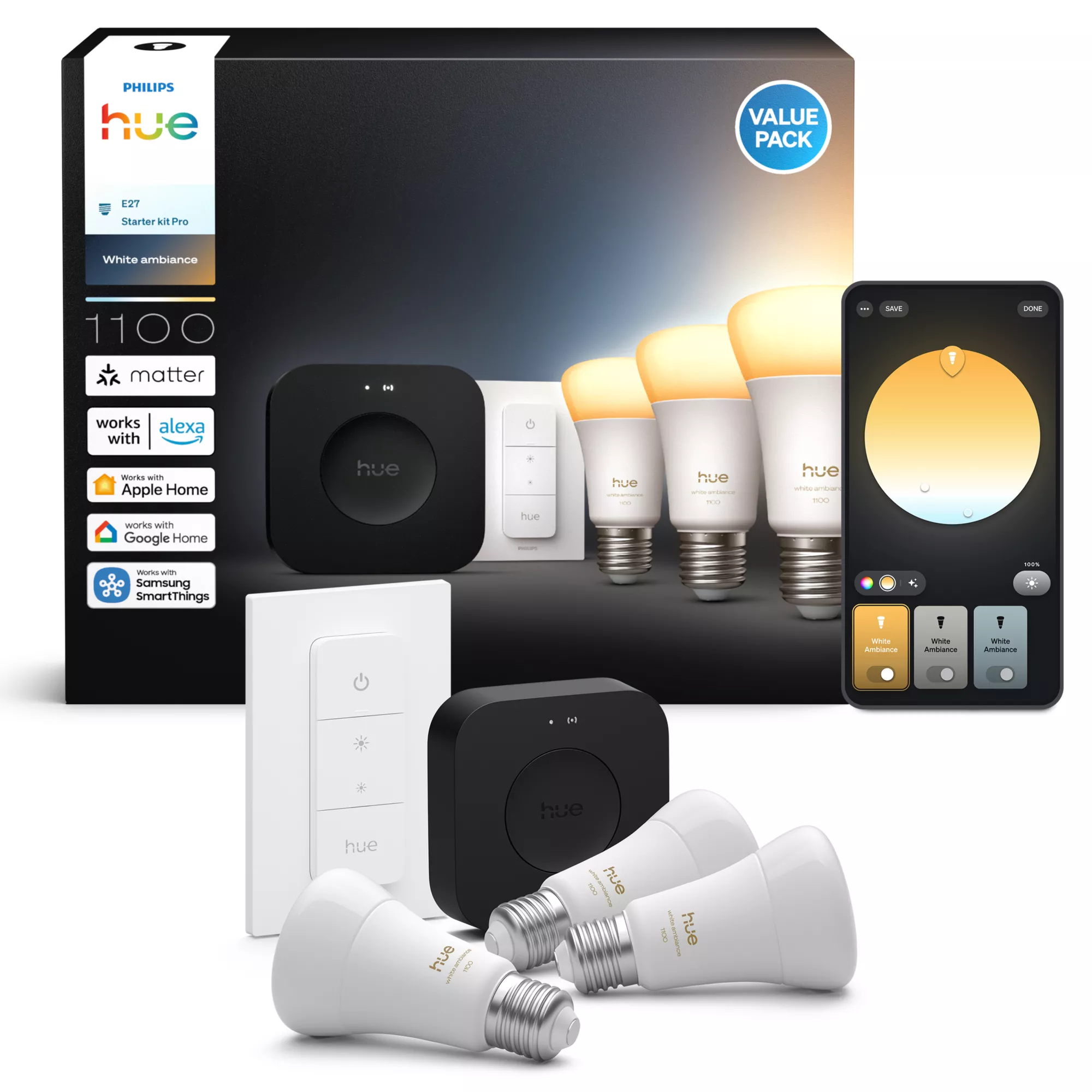 Philips by Signify Philips Hue White ambience Starterkit Pro: 3 E27 smart bulbs (1100) + dimmer switch – image 3
