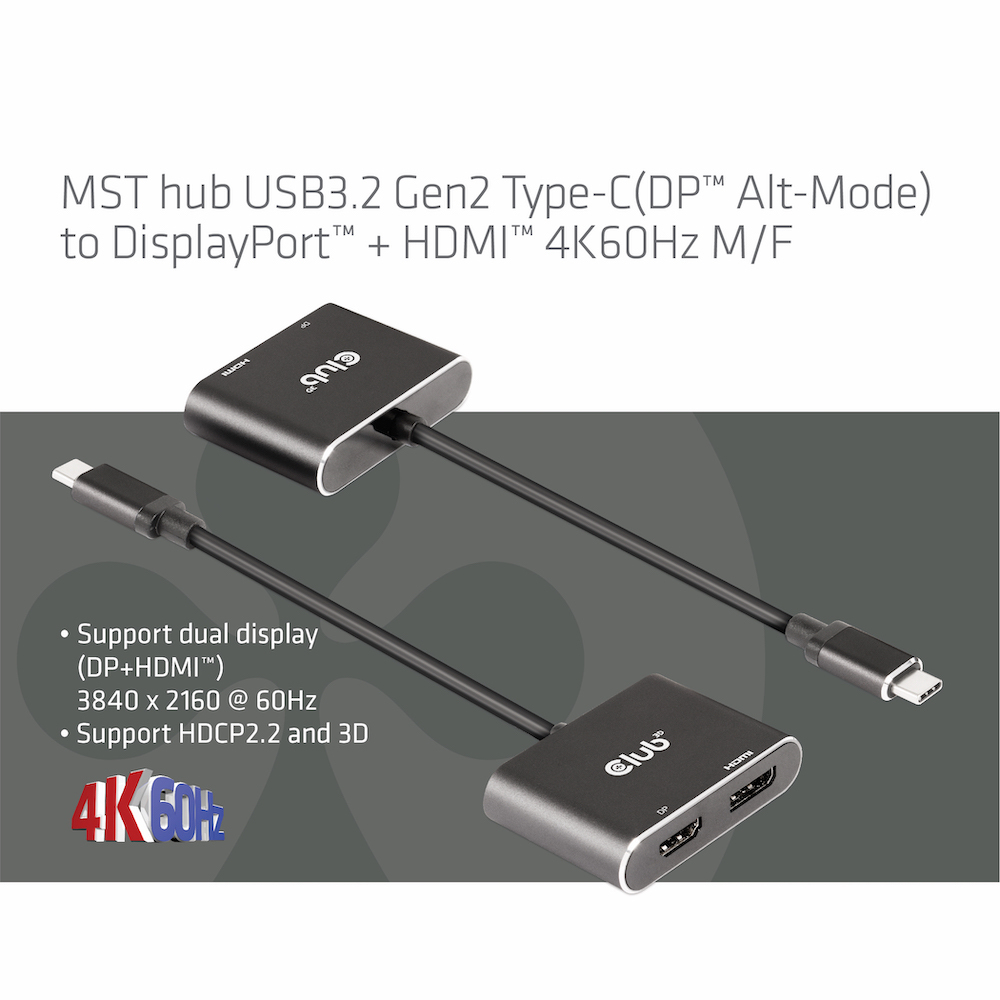 CLUB3D MST hub USB3.2 Gen2 Type-C(DP Alt-Mode) to DisplayPort + HDMI 4K60Hz M/F – image 5