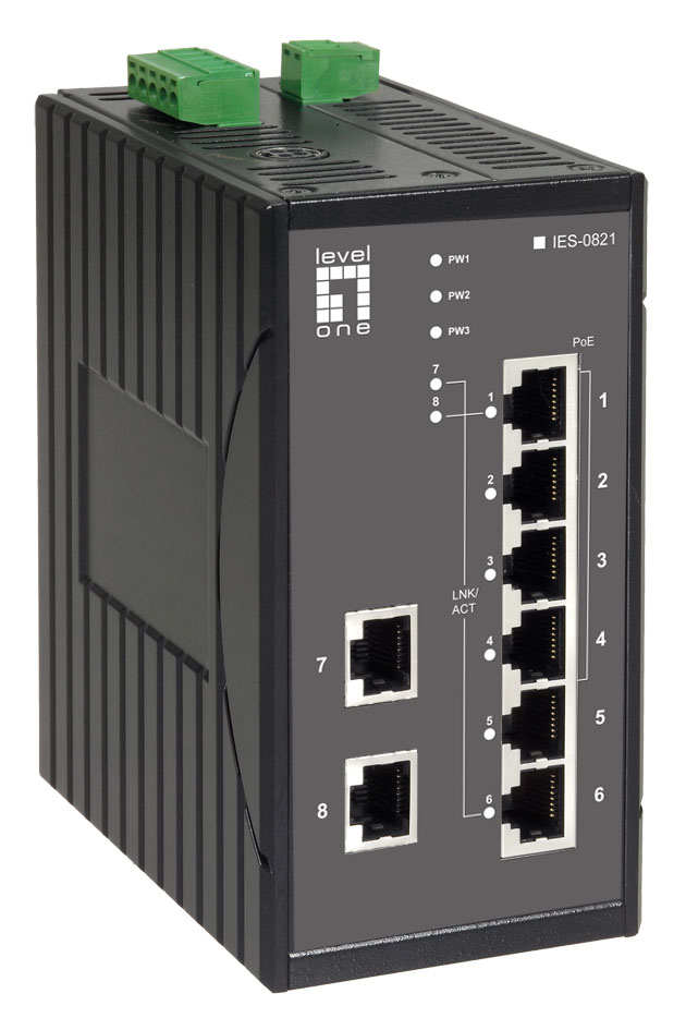 LevelOne 8-Port Fast Ethernet PoE Industrial Switch, 802.3af PoE, 4 PoE Outputs, DIN-Rail – image 1