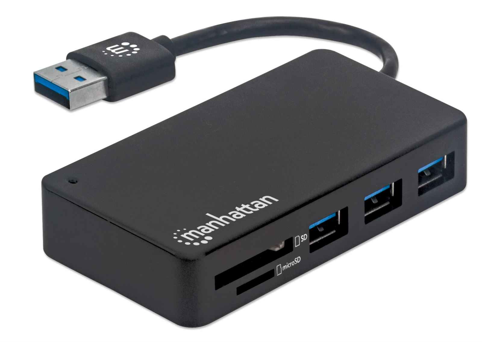Manhattan USB-A 3-Port Hub with Card Reader, 3x USB-A ports, 5 Gbps (USB 3.2 Gen1 aka USB 3.0), SD, MicroSD, MMC and Memory Stick; Bus Power, SuperSpeed USB, Bl – image 2