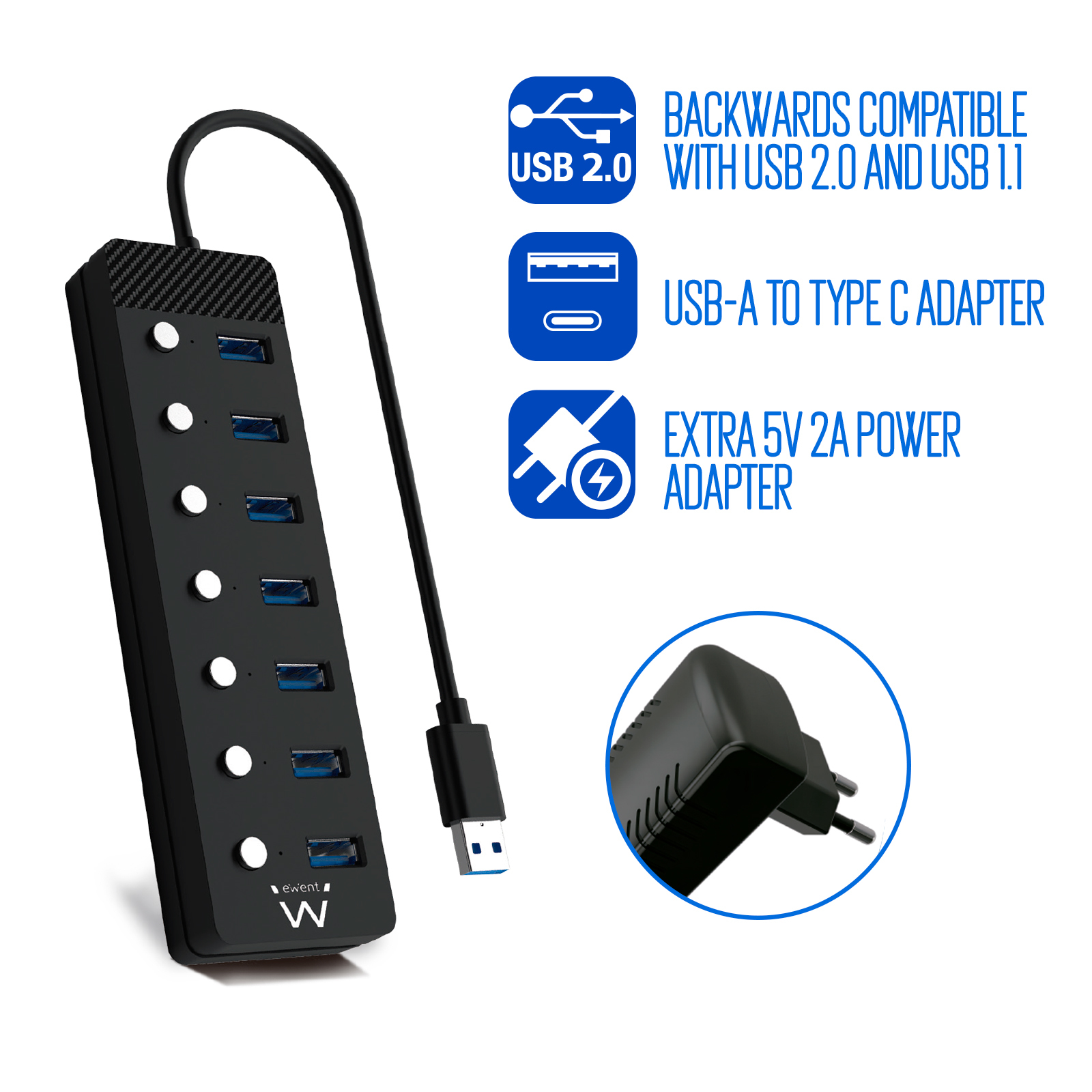 Ewent EW1147 interface hub USB 3.2 Gen 1 (3.1 Gen 1) Type-A 5000 Mbit/s Black – image 3
