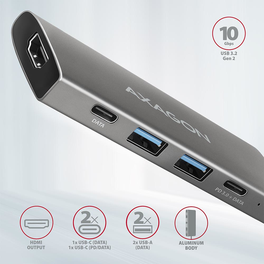 Axagon HMC-5G2 USB 10Gbps hub, 2x USB-A, 2x USB-C, HDMI 4k/60Hz, PD – image 4