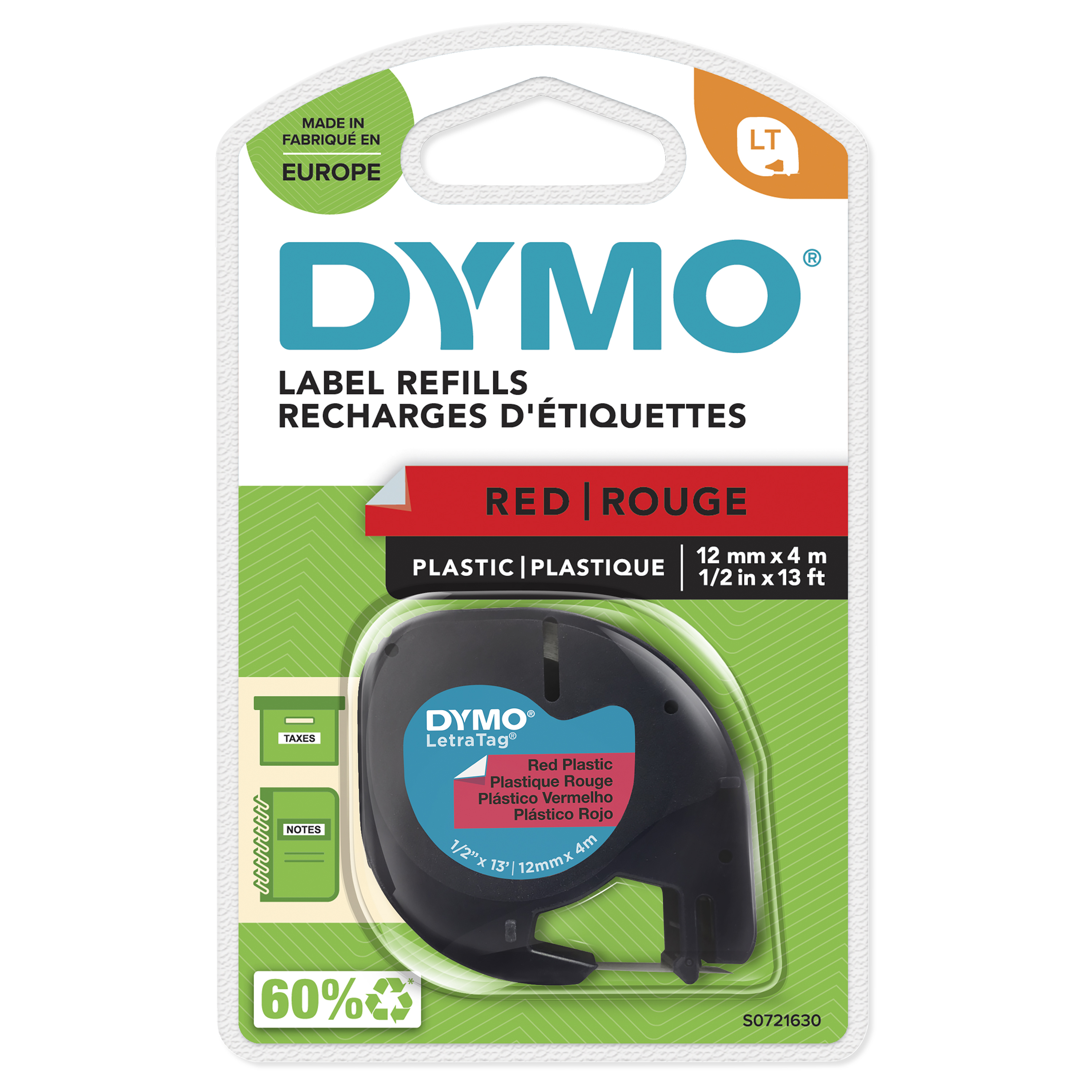 DYMO LetraTag Étiquettes en plastique Authentique | 12 mm x 4 m | impression en noir sur fond rouge | Étiquettes autocollantes pour étiqueteuse LetraTag