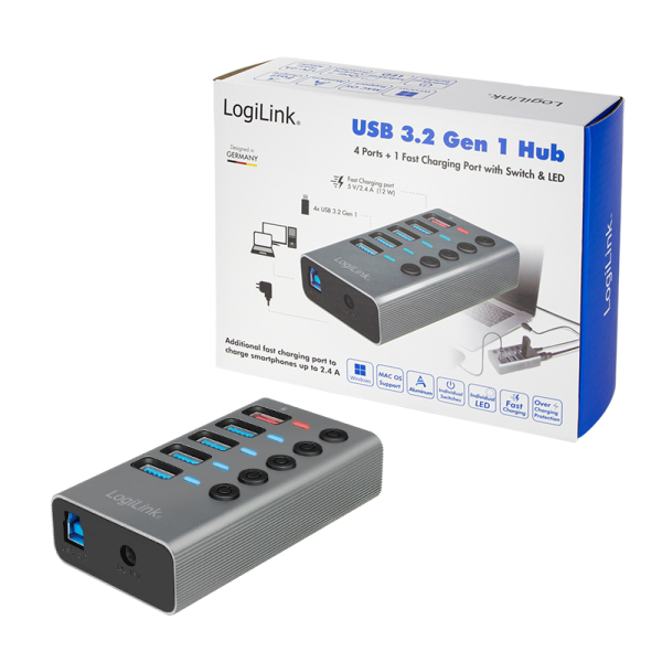 LogiLink UA0386 interface hub USB 3.2 Gen 1 (3.1 Gen 1) Type-B 5000 Mbit/s Grey – image 9