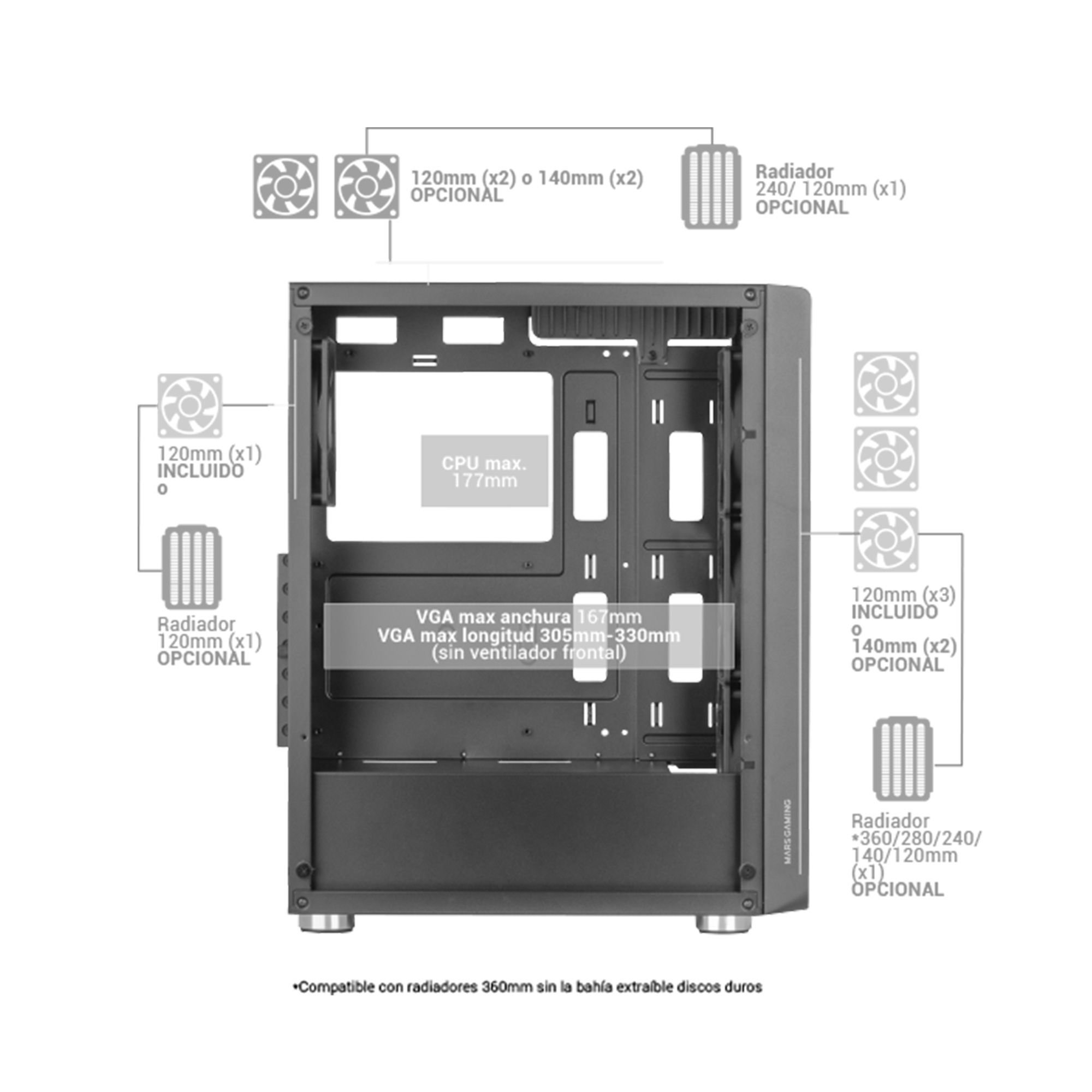 Mars Gaming MC-F Black, ATX Gaming Semitower, Full Tempered Glass Window, Metal-Mesh Front – image 5