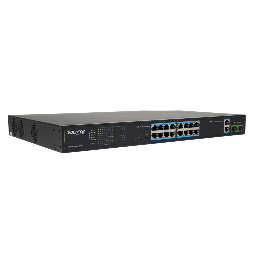 Vultech Security Switch PoE+ (Unmanaged) 16 porte 10/100 FE + 2 porte Uplink 10/100/1000 GE + 2 porte SFP 1000 Mbps – image 2