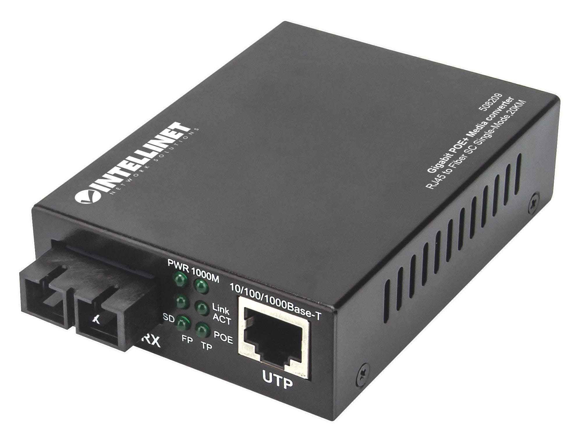 Intellinet Gigabit PoE+ Media Converter, 1000Base-T RJ45 Port to 1000Base-LX (SC) Single-Mode, 20 km (12.4 mi.), PoE+ Injector