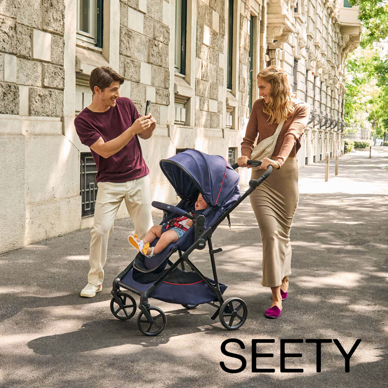 صورة عربة أطفال Chicco Seety التقليدية، أزرق، مقعد واحد، قابلة للطي، SPF 50