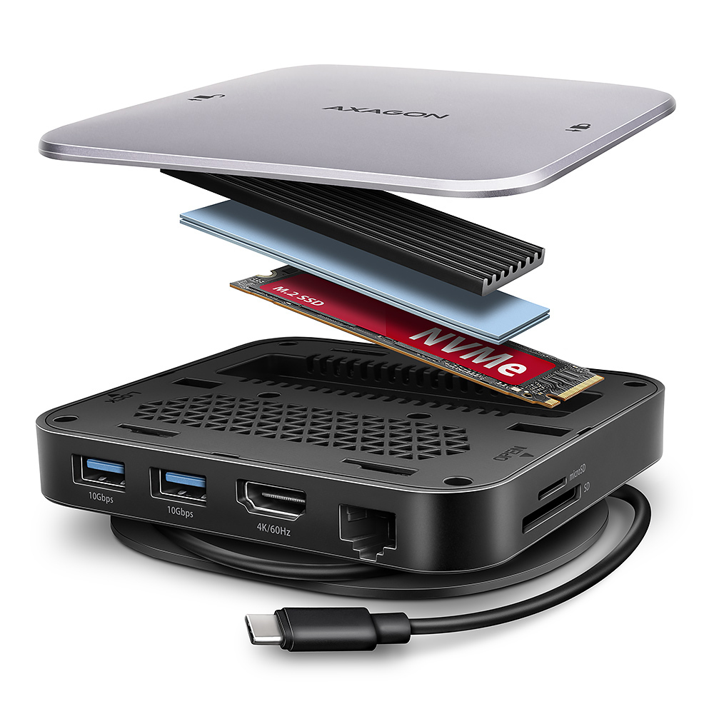 Axagon HMC-UFO USB-C Hub M.2 SATA/NVMe 1 Gbit/s Ethernet 384 kHz Audio Cablato USB 3.2 Gen 2 (3.1 Gen 2) Type-C Nero