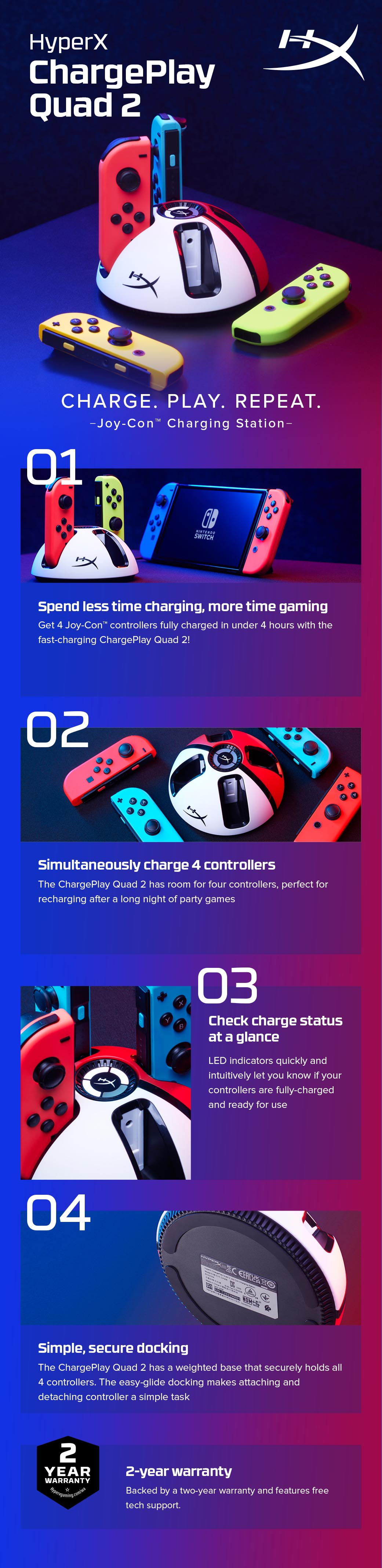 Resim HyperX ChargePlay Quad 2 USB Oyun Kumandası Şarj Cihazı - Kırmızı/Beyaz