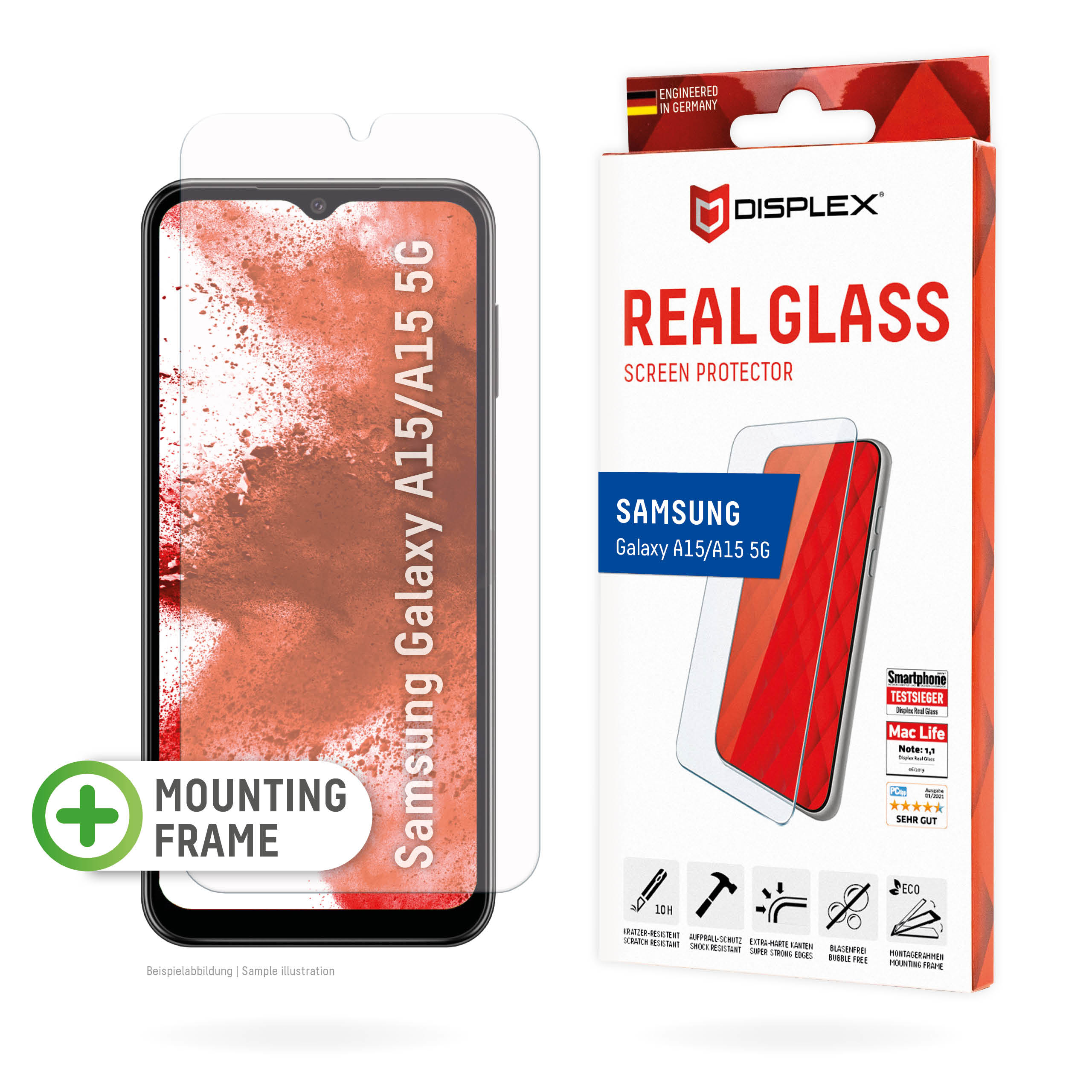 Displex Screen Protector (10H) for Samsung A15/A15 5G, Eco Mounting Frame, scratch resistant