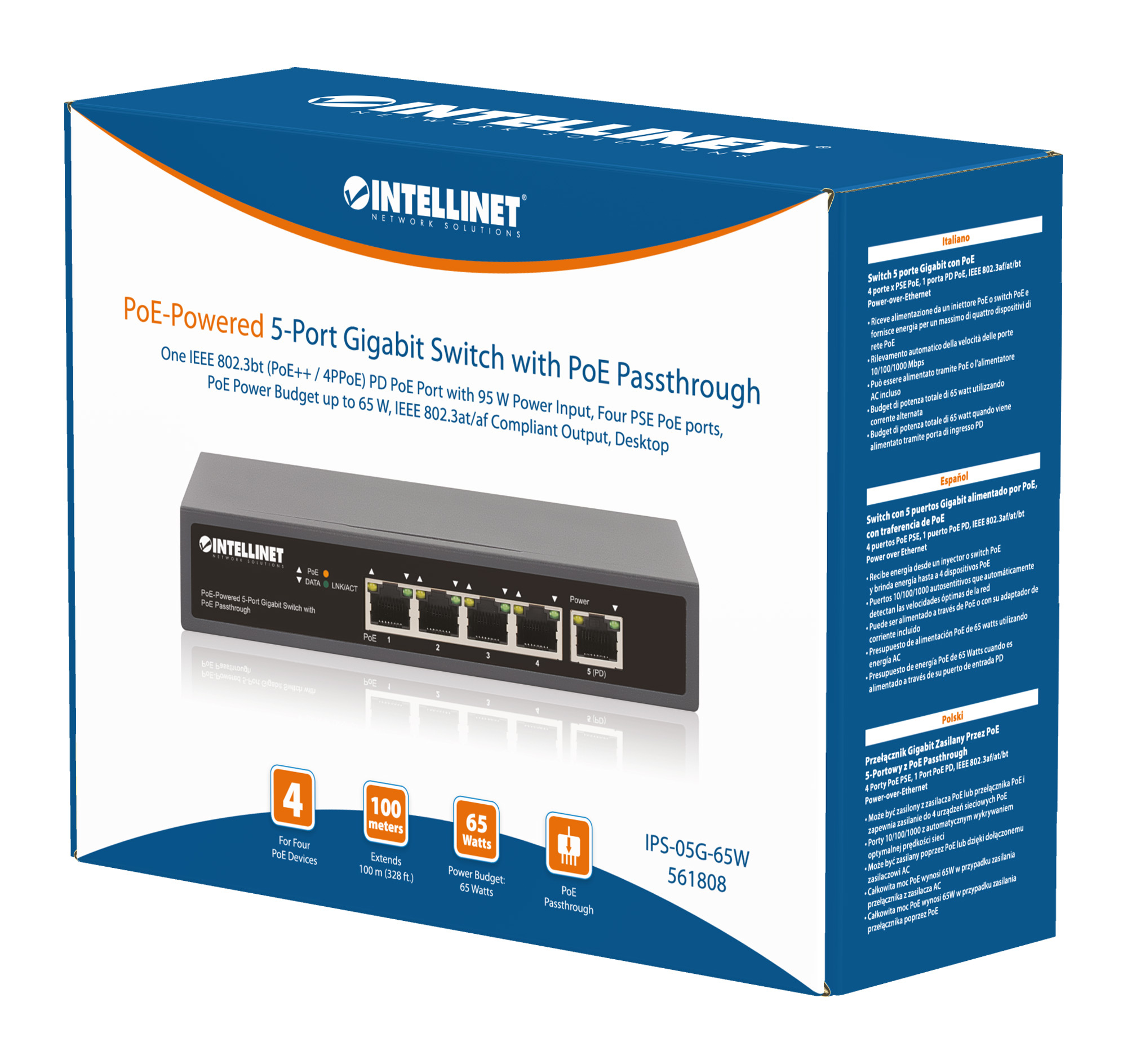 Intellinet 5-Port Gigabit Switch with PoE Passthrough, One IEEE 802.3bt (PoE++ / 4PPoE) PD PoE Port with – image 7