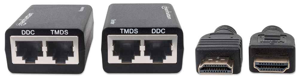 Manhattan 1080p HDMI over Ethernet Extender with Integrated Cables, Distances up to 30m with 2x Cat5e or Cat6 Ethernet Cables (not included), Black, Three Year – image 3