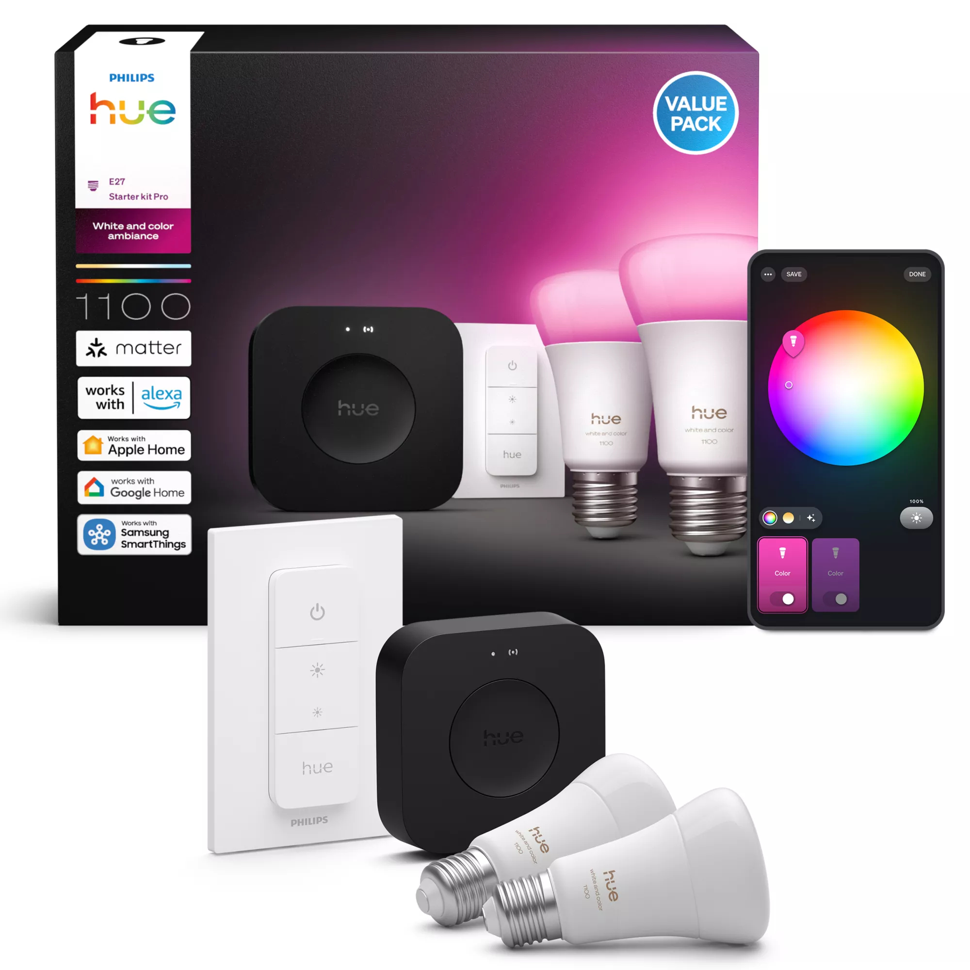 Philips by Signify Philips Hue White and colour ambience Starter kit: 2 E27 smart bulbs + Dimmer switch + Bridge Pro – image 3