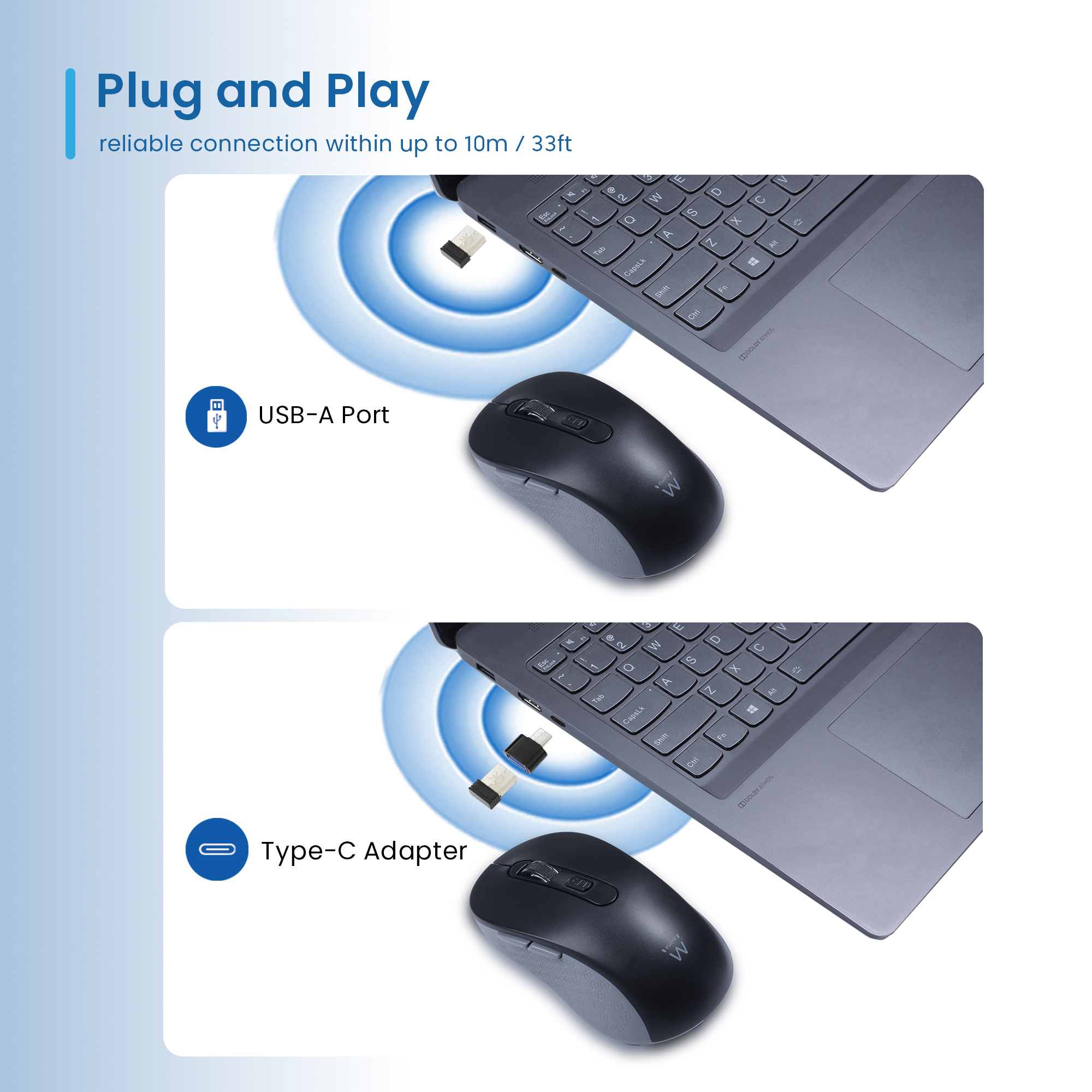 Ewent Wireless optical mouse 800-1200-1600dpi, Silent clicks and Type-C Adapter – image 2