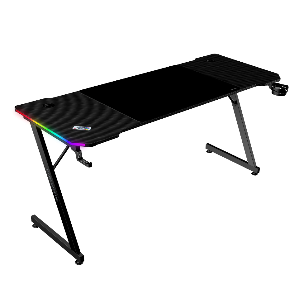 Mars Gaming MGD-X160RGB, Mesa Gaming Ergonómica, Iluminación ARGB con Mando, Fibra de Carbono, Alfombrilla XXL, Soporte Auriculares y Bebida, Gestión Cableado, Escritorio Gaming 160x60cm, Negro