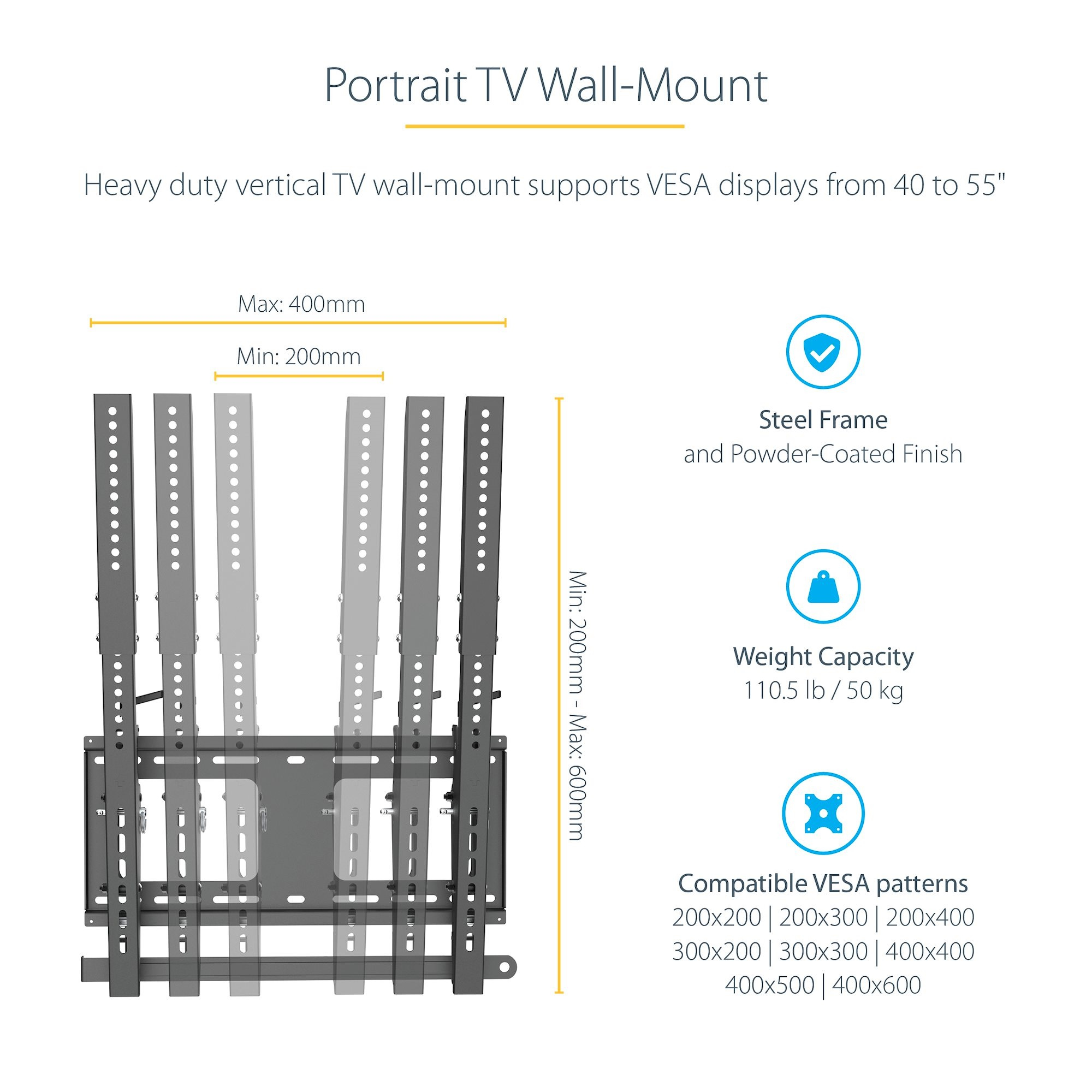 StarTech.com Portrait/Vertical TV Wall Mount - Heavy Duty TV Wall Mount - 40-55" VESA Display (110lb/50kg)- Tilting Low Profile Television Digital Signage Mount – image 7