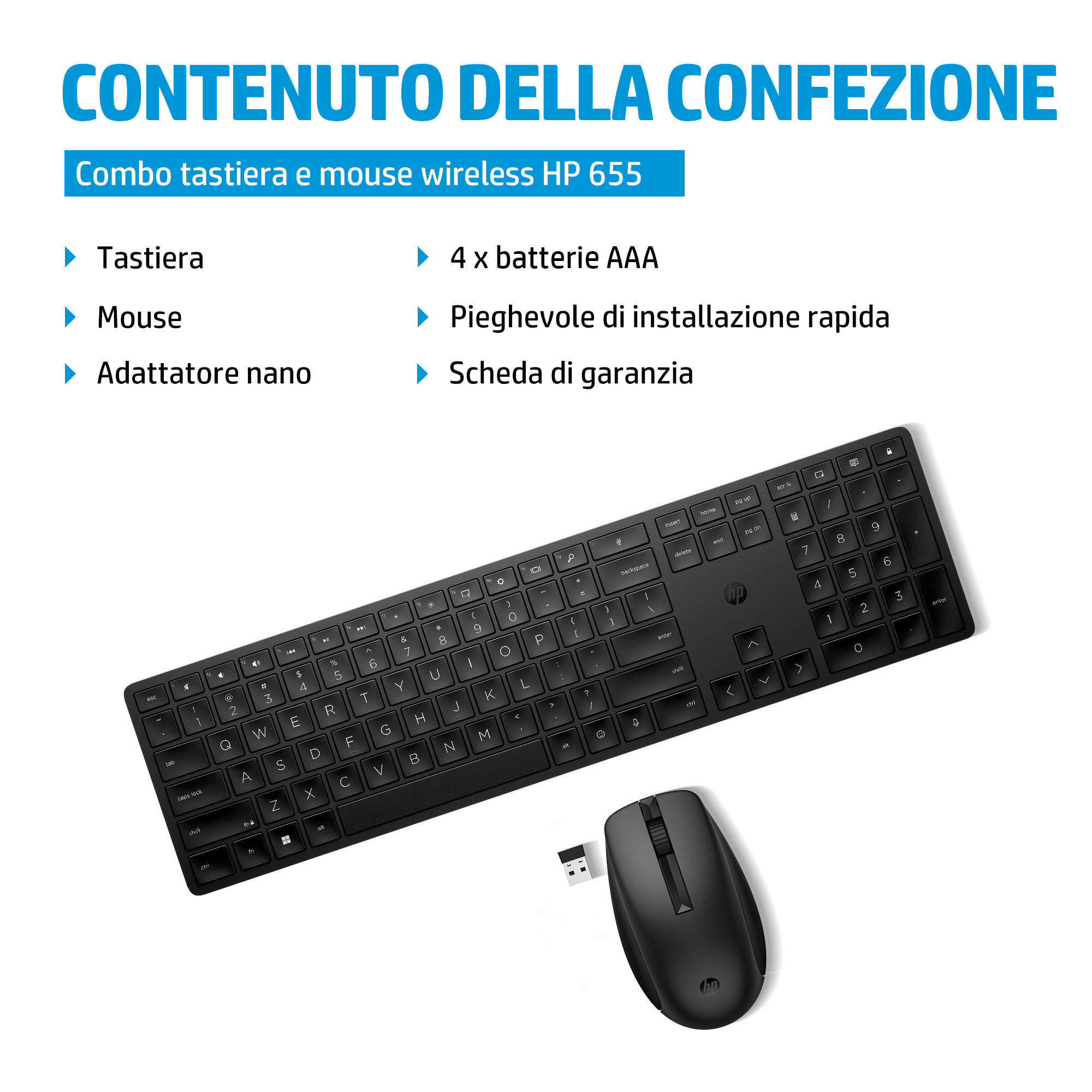 HP 655 Wireless Keyboard and Mouse Combo. Keyboard form factor: Full-size (100%), Connectivity technology: Wireless, Devic
