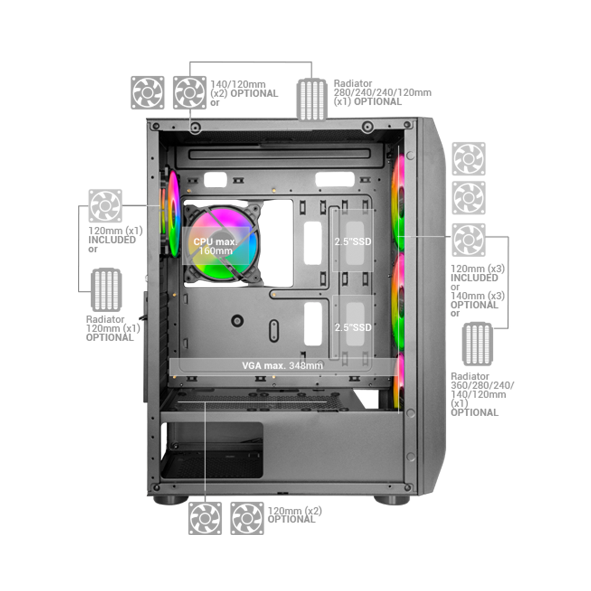 Mars Gaming MC-KX Black Premium E-ATX Gaming Tower FREEZER CPU System 5 Ultra-quiet ARGB Fans ARGB Controller and RF Controller Mesh Front – image 4