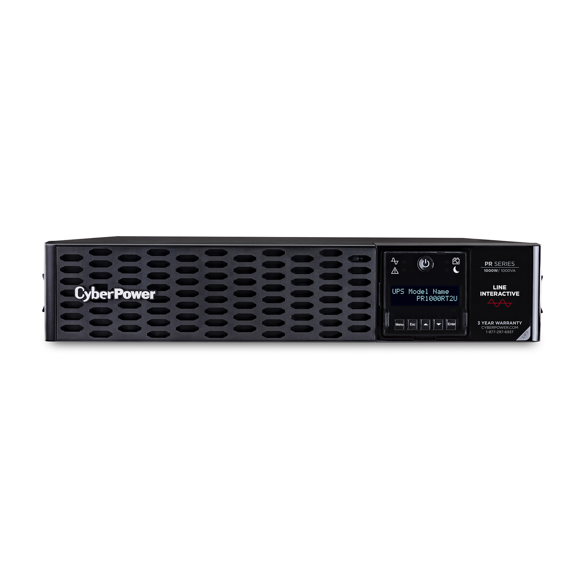 صورة CyberPower PR1000RT2UN UPS تفاعلي خطي، 1000 واط، 1 كيلوفولت أمبير، 8 منافذ NEMA 5-15R، أسود، رف/برج