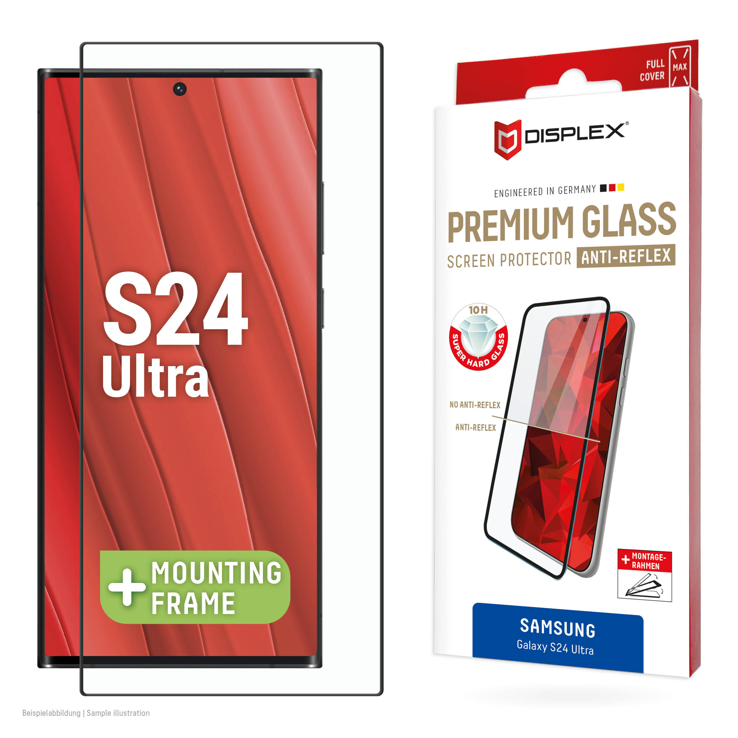 Displex Premium Anti-Reflex Screen Protector (anti-reflective Full Cover, 10H) for Samsung Galaxy S24 Ultra, Eco Mounting Frame, Full Cover
