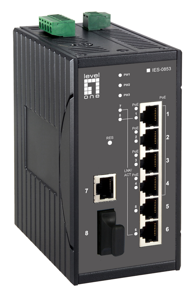 LevelOne 8-Port Web Smart Fast Ethernet PoE Industrial Switch, 802.3at/af PoE, 4 PoE Outputs, DIN-Rail, 1 x SC Multi-Mode Fiber – image 1